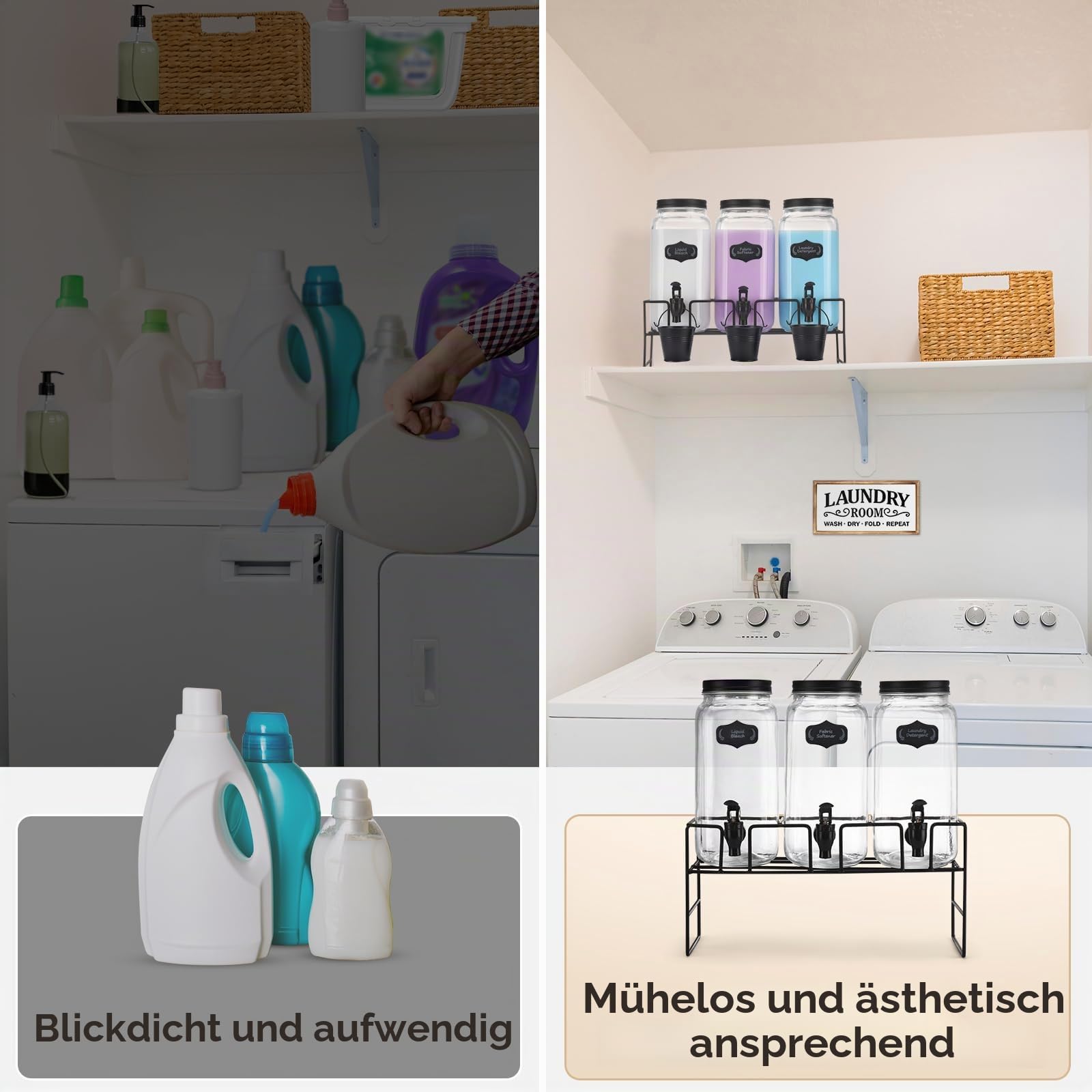 Flüssigwaschmittelspender, 3x 2.2L Waschmittelspender, Glasbehälter für Flüssigwaschmittel, Bleichmittel, Weichspüler, Waschseifenspender für Waschküchen-Organisation
