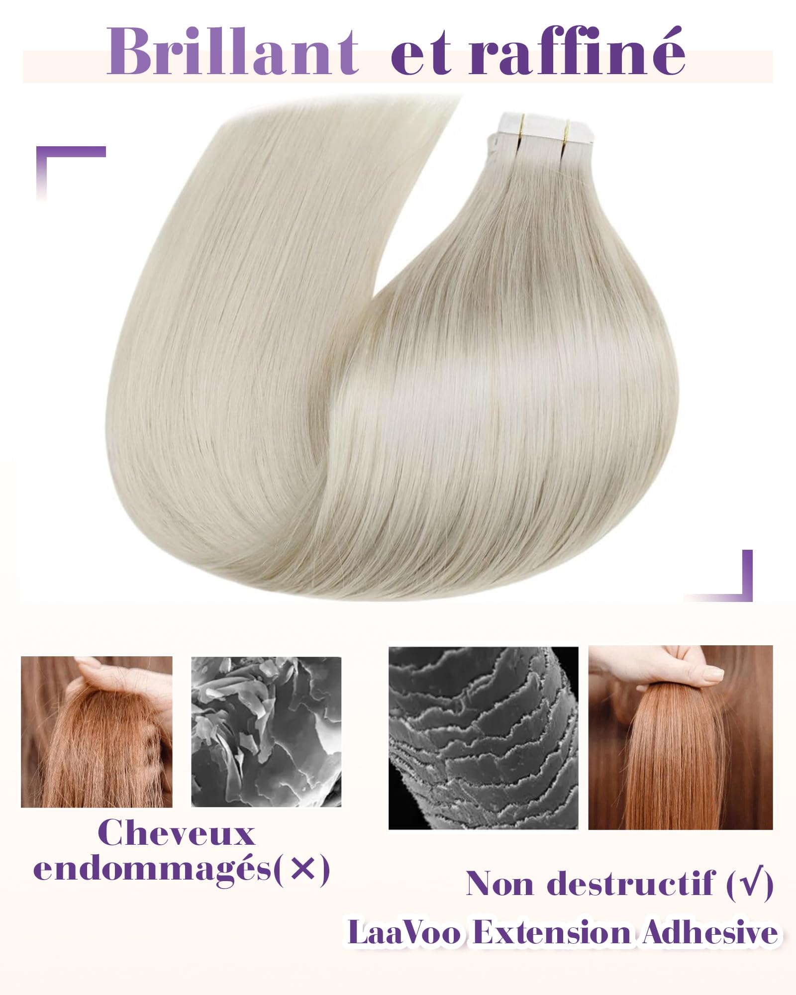 LaaVoo Blonde Tape Hair Extensions Real Human Hair Tape in Hair Extensions Human Hair Invisible Tapes Remy Straight White Blonde Hair Double Sided Tabs 20pcs 50g 16 Inch #60 - Image 4