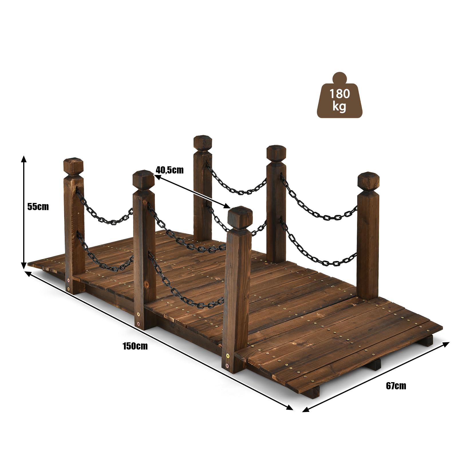 SOARS Puente de Jardín Madera con Barandilla y Cadenas, Puente de Pie Decorativo de Abeto con Capacidad de Carga de hasta 180 Kg, 150 x 67 x 55 cm, Puente Decorativo para Jardín, Estanque y Arroyo