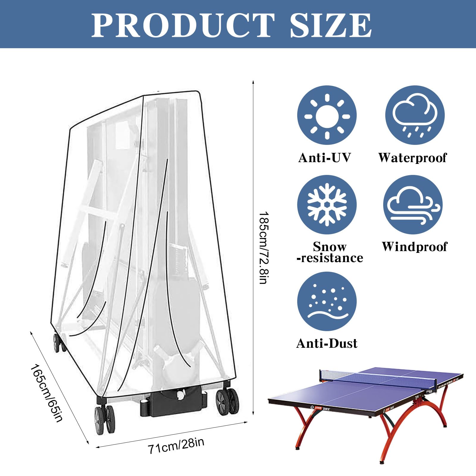 Copertura per tavolo da ping pong per esterni, impermeabile 600D, in tessuto Oxford, copertura per interni ed esterni, antivento, protezione UV, antistrappo (185 × 70 × 165 cm)