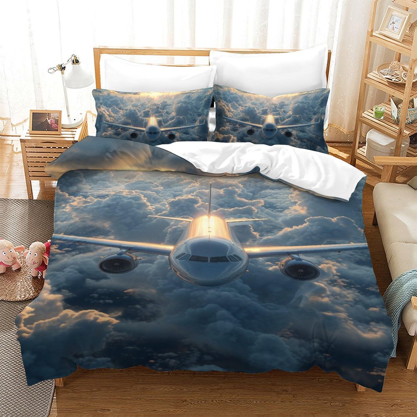 Housse de couette avion 3D en microfibre respirante 140x200 cm avec 2 taies d'oreiller pour lit single