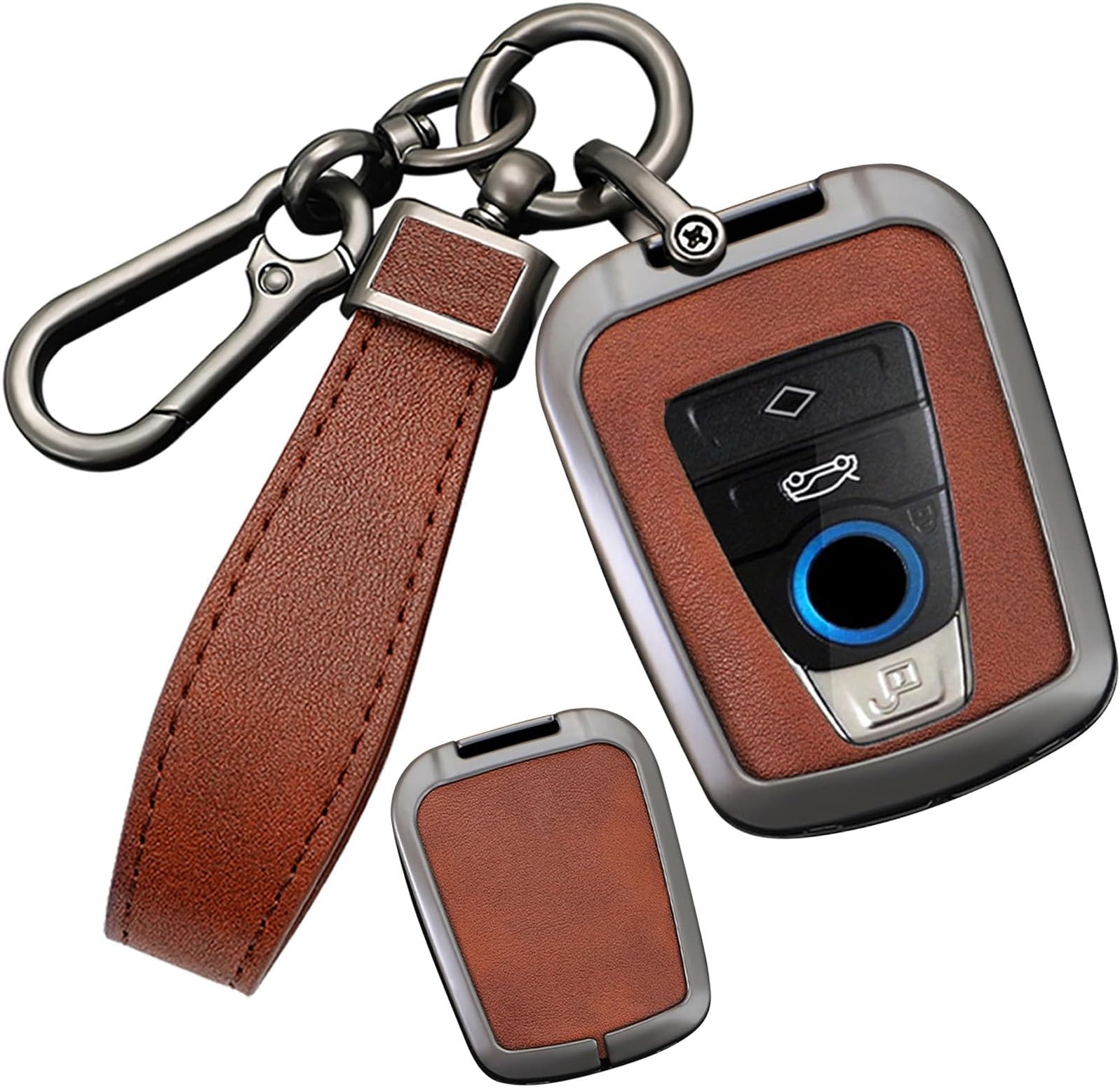 SANRILY Metal Leather 4 Button Smart Key Fob Cover Compatible with BMW i8 2014-2022 i3 Accessories Keyless Anti-Scratch Key Fob Protector with Leather Keychain Black-Brown