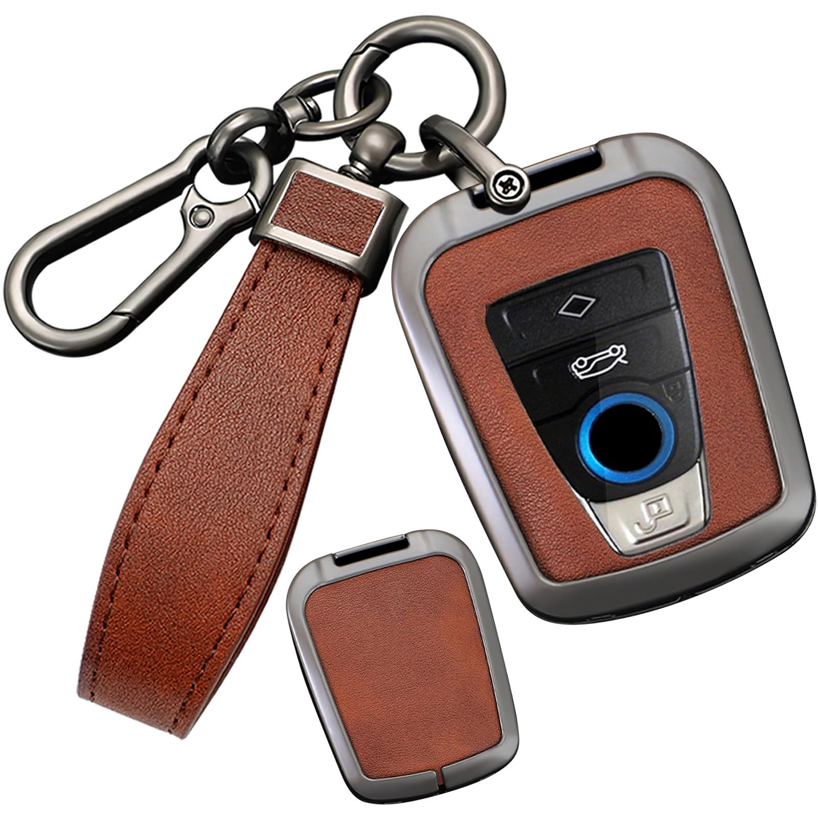 SANRILY Metal Leather 4 Button Smart Key Fob Cover Compatible with BMW i8 2014-2022 i3 Accessories Keyless Anti-Scratch Key Fob Protector with Leather Keychain Black-Brown
