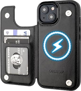 ONETOP Compatible with Magsafe for iPhone 15 Wallet Case with Card Holder, PU Leather Kickstand RFID Blocking Case, Double Magnetic Clasp and Durable Shockproof Cover 6.1 Inch Black