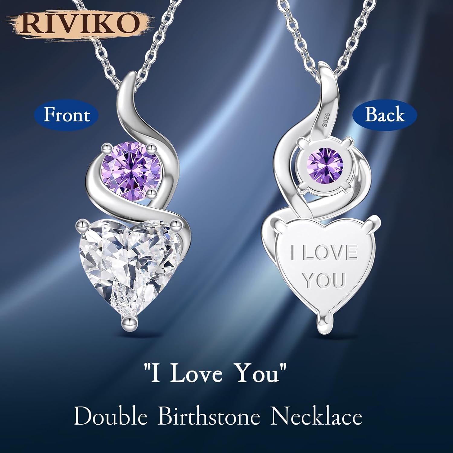 RIVIKO Valentines Day Gifts for Her-Double Birthstone Necklace for Women, 925 Sterling Silver Love Heart Pendant, Birthstone Jewelry Anniversary Birthday Gifts for Women Wife Mom Grandma Her - Image 3