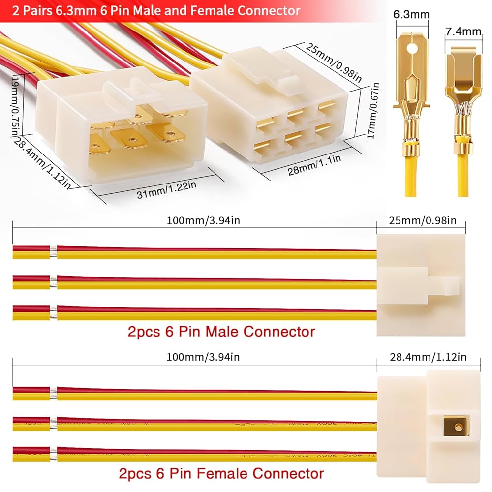 Connettori Elettrici Auto 6.3mm - 10 Coppie Maschio/Femmina Con Cavo - Per Moto, Barca E Veicoli
