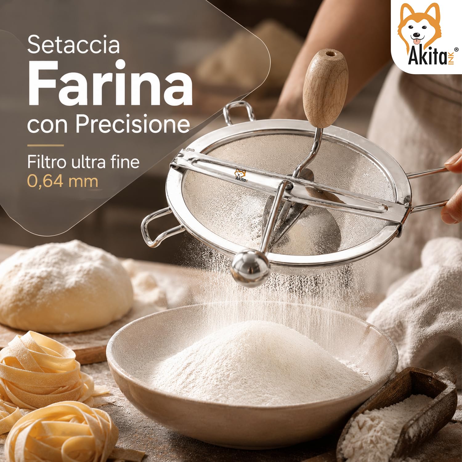 Akitaink Passacolino 20 cm con Retina 0,64 mm, Setaccio Manuale per Marmellate, Farina, Verdure, Frutta e Legumi