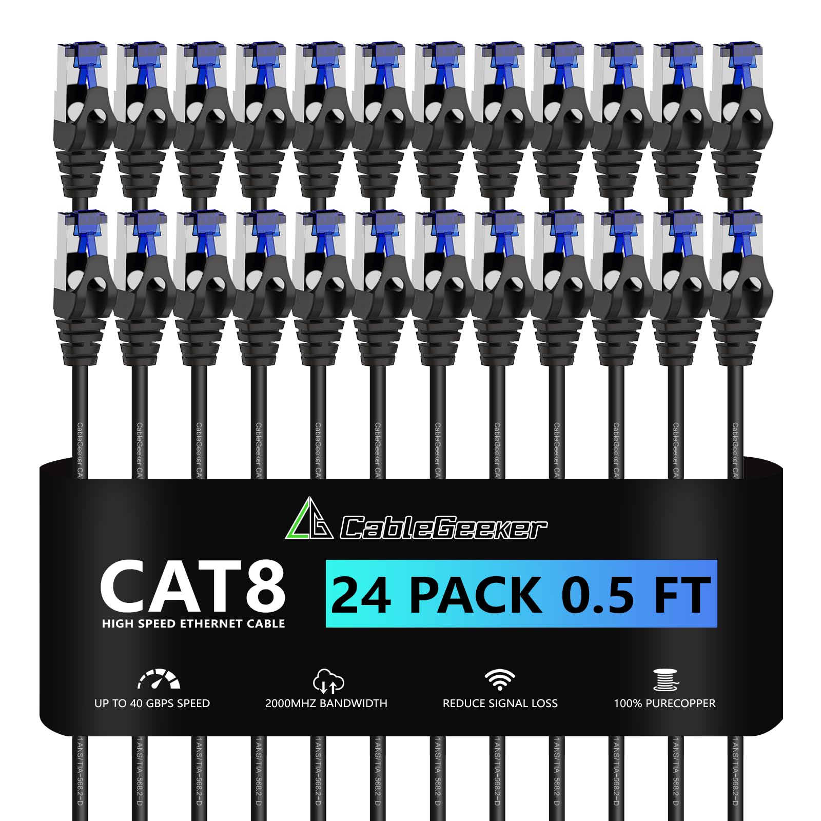 CableGeeker Cavi patch Cat8 da 0,2 m, confezione da 24 cavi patch Ethernet Cat8, 40 G, supporto 2000 MHz, antigroviglio RJ45 Cat 8, cavo patch per switch da pannello patch, cavo di rete flessibile,