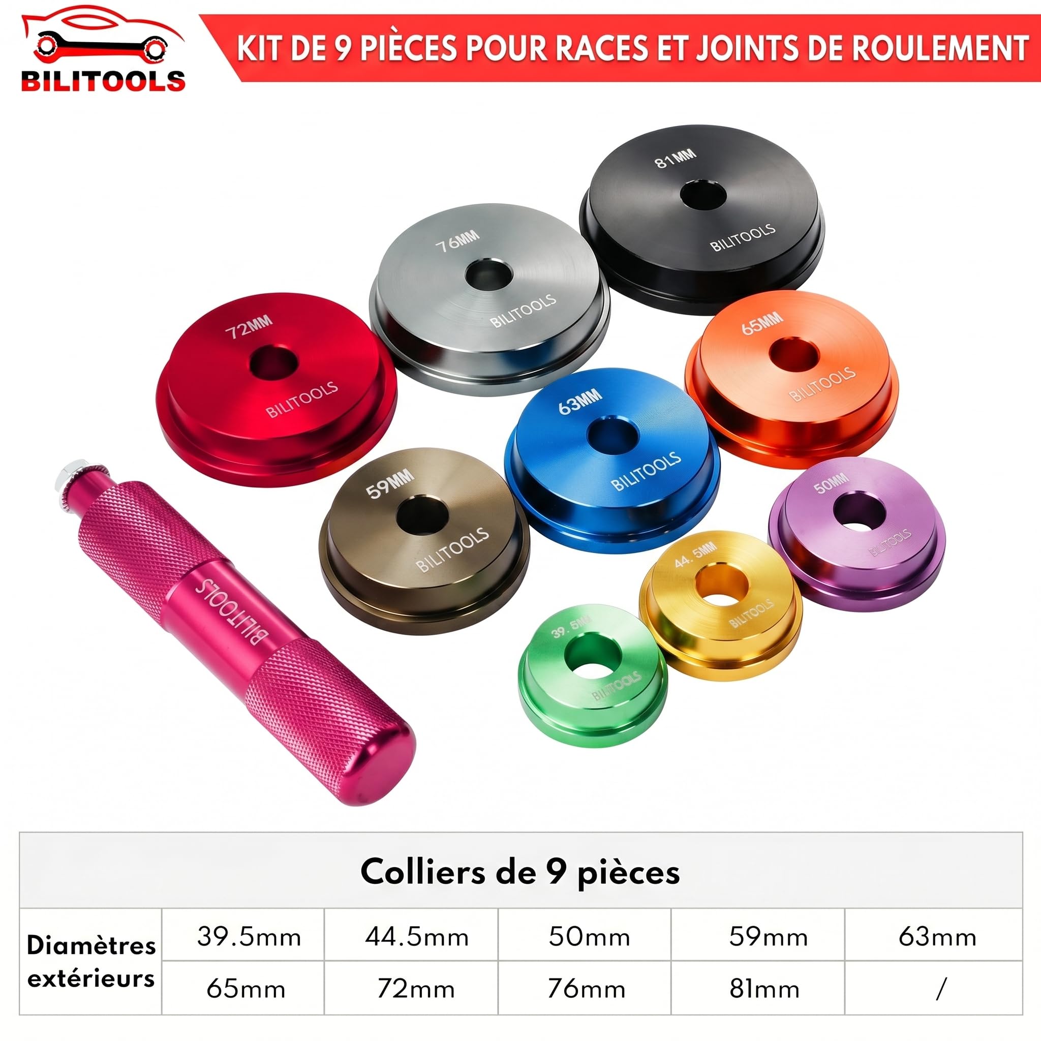 BILITOOLS Kit Presse Roulement 10 Pièces Métrique | Douilles roulement et joint spi, montage moyeu voiture, coffret rangement inclus