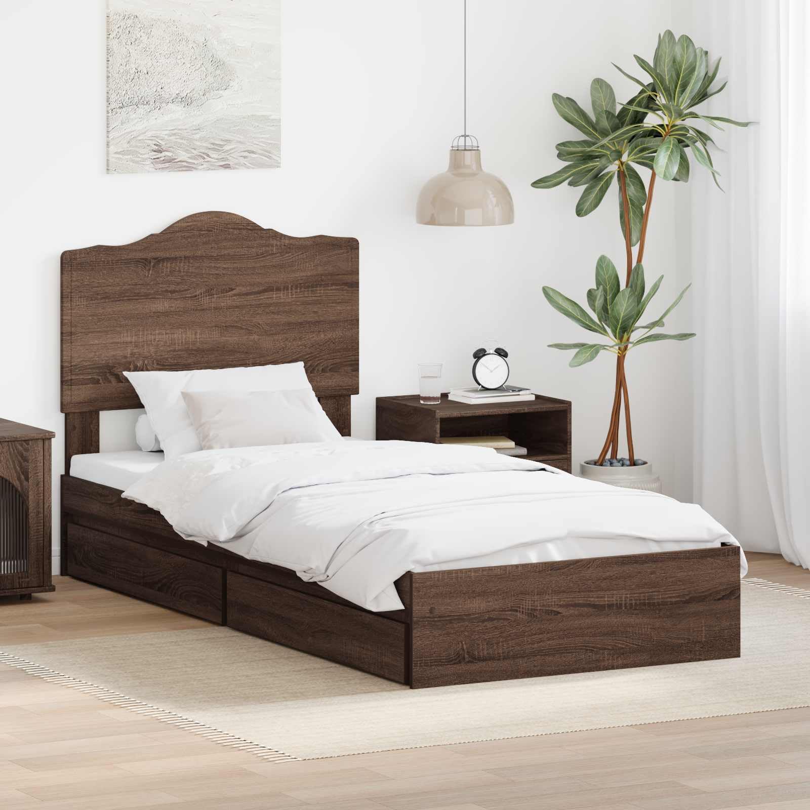 vidaXL Storage Bed with Drawer Brown Oak 90 x 190 cm Engineered Wood, Modern, Rectangular Bed Frame for Stylish Sleeping Space, Durable Engineered Wood Platform, Customized Width Solution