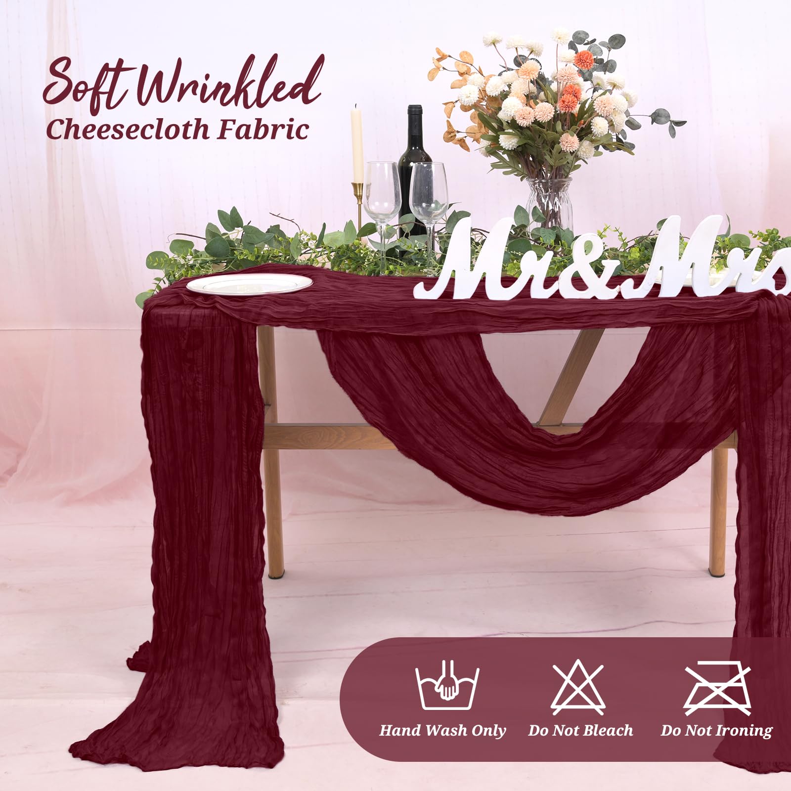 Bieżnik na stół z gazą, burgundowy, 53 x 305 cm, rustykalny bieżnik na stół z gazy boho, romantyczny, długi bieżnik na stół, na ślub, festiwal, rocznicę, kolację i imprezy plenerowe, 10 szt