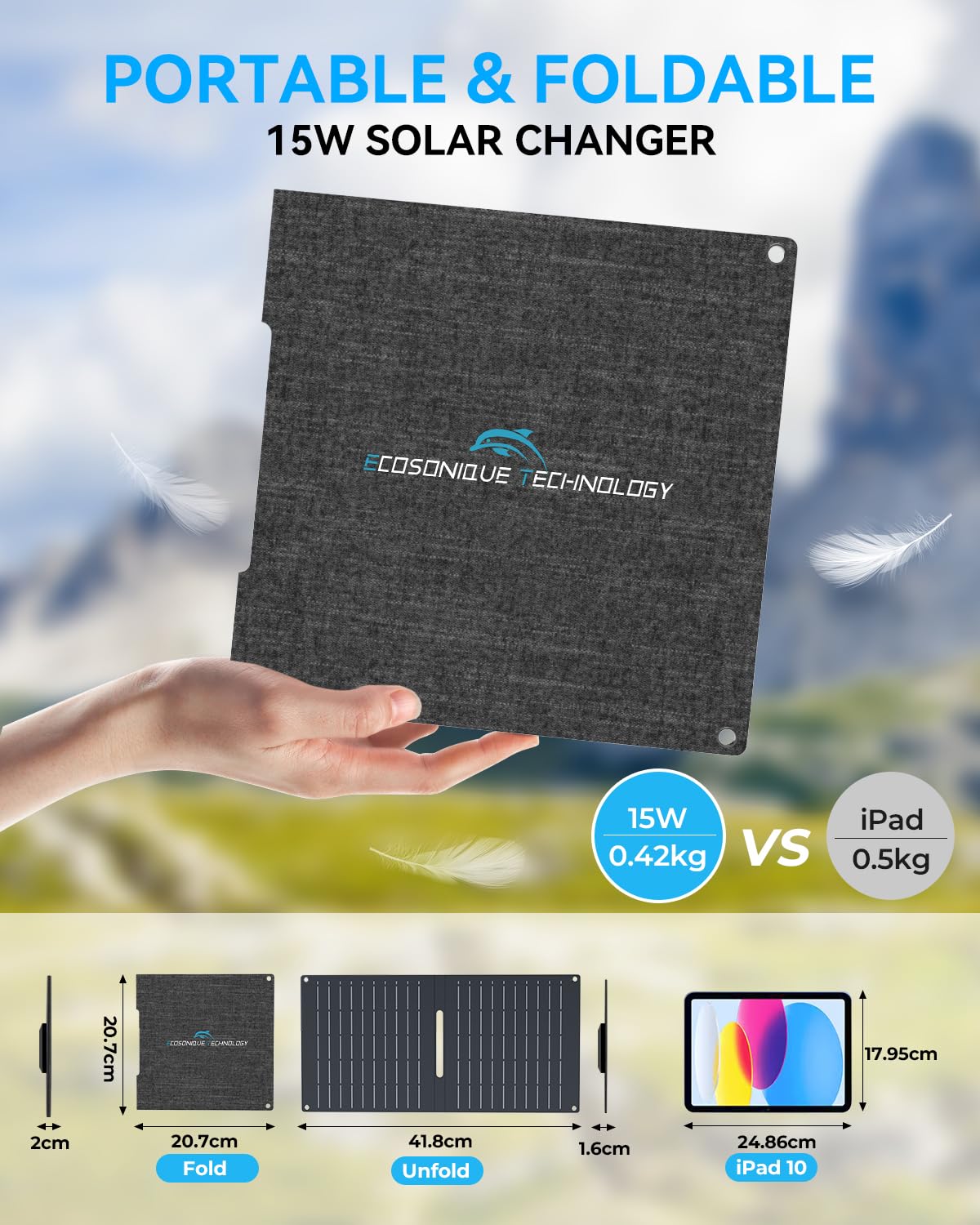Carica il 15W Solar Cell Phone Charger Ecosonique USB A/USB-CCompatibile con iPhone - Dettaglio