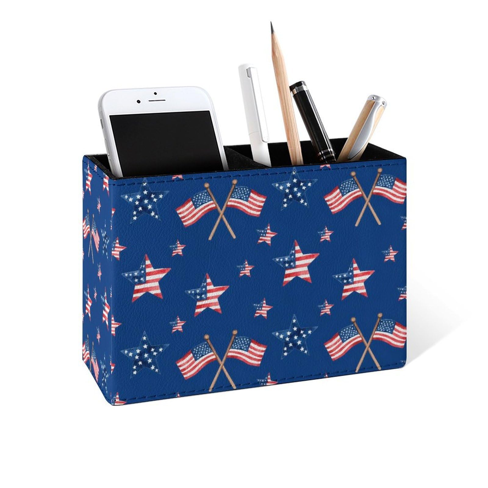 Famame Memorial Day American Flag 4th of July Pencil Holder for Desk, Leather Desktop Container Pen Cup Storage Study Table Pen Organizer Makeup Brushes Holder for Office Home