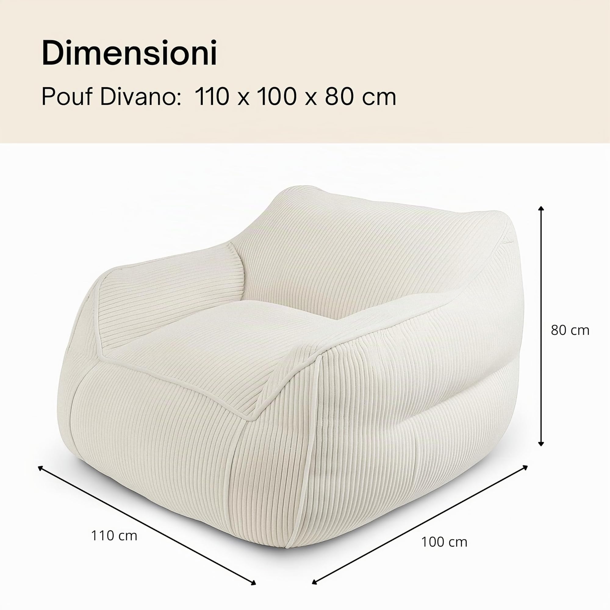 bananair - Pouf Poltrona per Salotto e Camera - Tessuto in Velluto a Coste Morbido ed Elegante - Poltrona Sacco Generosamente Imbottito, Ideale per un Ambiente Accogliente (Bianco Sporco)