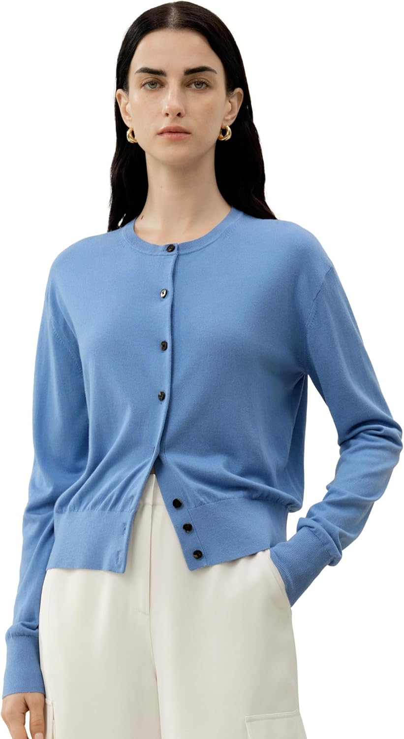 LilySilk Women Silk Cashmere Cardigan Round Neck Knit Sweater Lightweight Luxury Soft Warm Layer Ladies Winter Coat