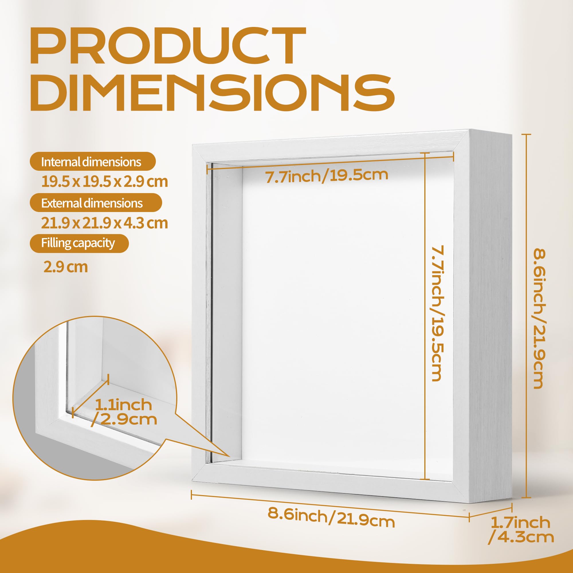 Cadre 3D Profond 20x20 cm Cadre Photo Vitrine 3D Cadre Boîte en Bois Cadres d'Objet Carrée, Cadres Profond avec Vitre pour Objet pour DIY de Bouquets, Spécimens, Coquillages