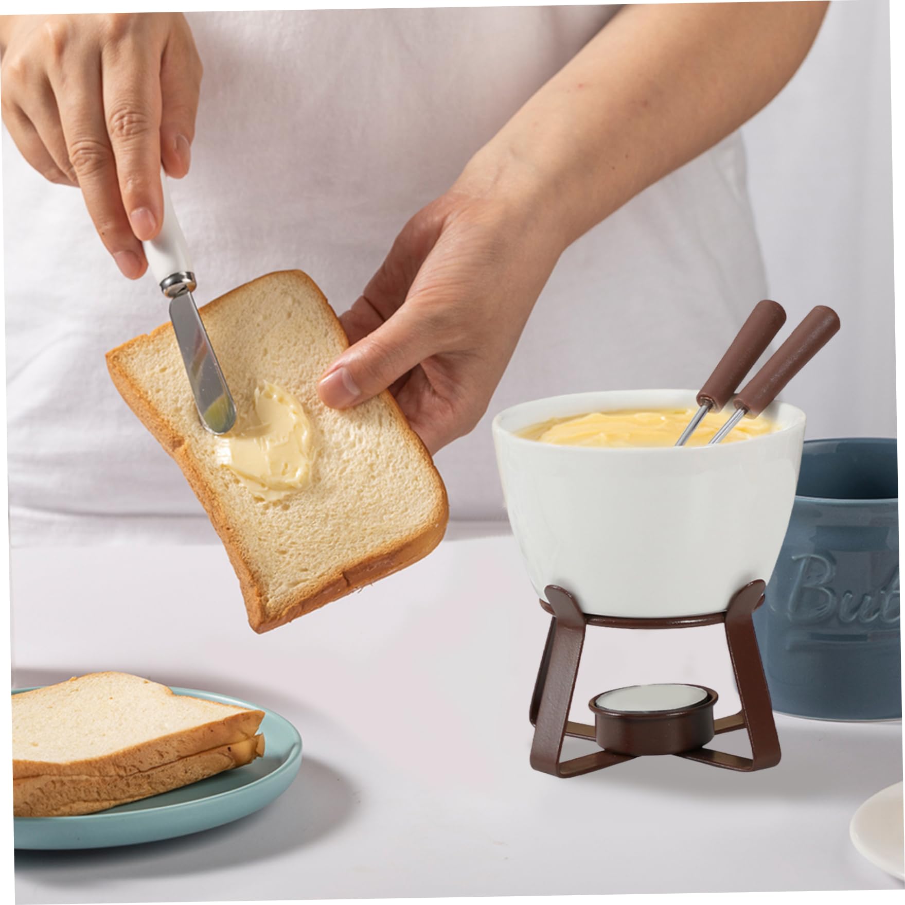 Taza de Fondue de Chocolate Taza de Fondue de cerámica con 2 Tenedores y Soporte de Hierro, Reutilizable para derretir Chocolate para Queso o (Vela no incluida)