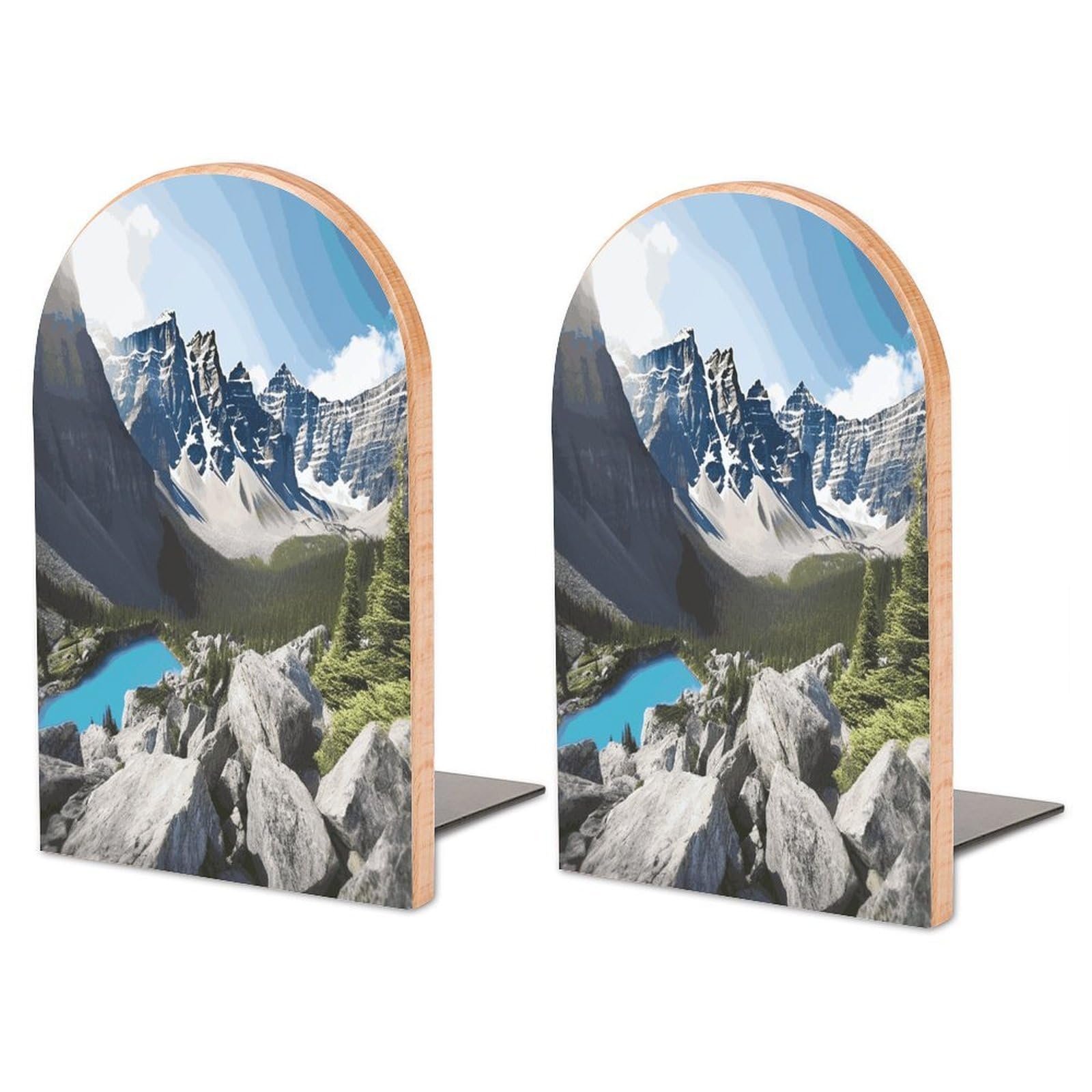 Large Mountains Book End with Metal Base Fashion Heavy Duty Bookend Exquisite Wooden Bookends Non-Skid Book Stopper for Shelves Books Organizer for Office Home 1 Pair