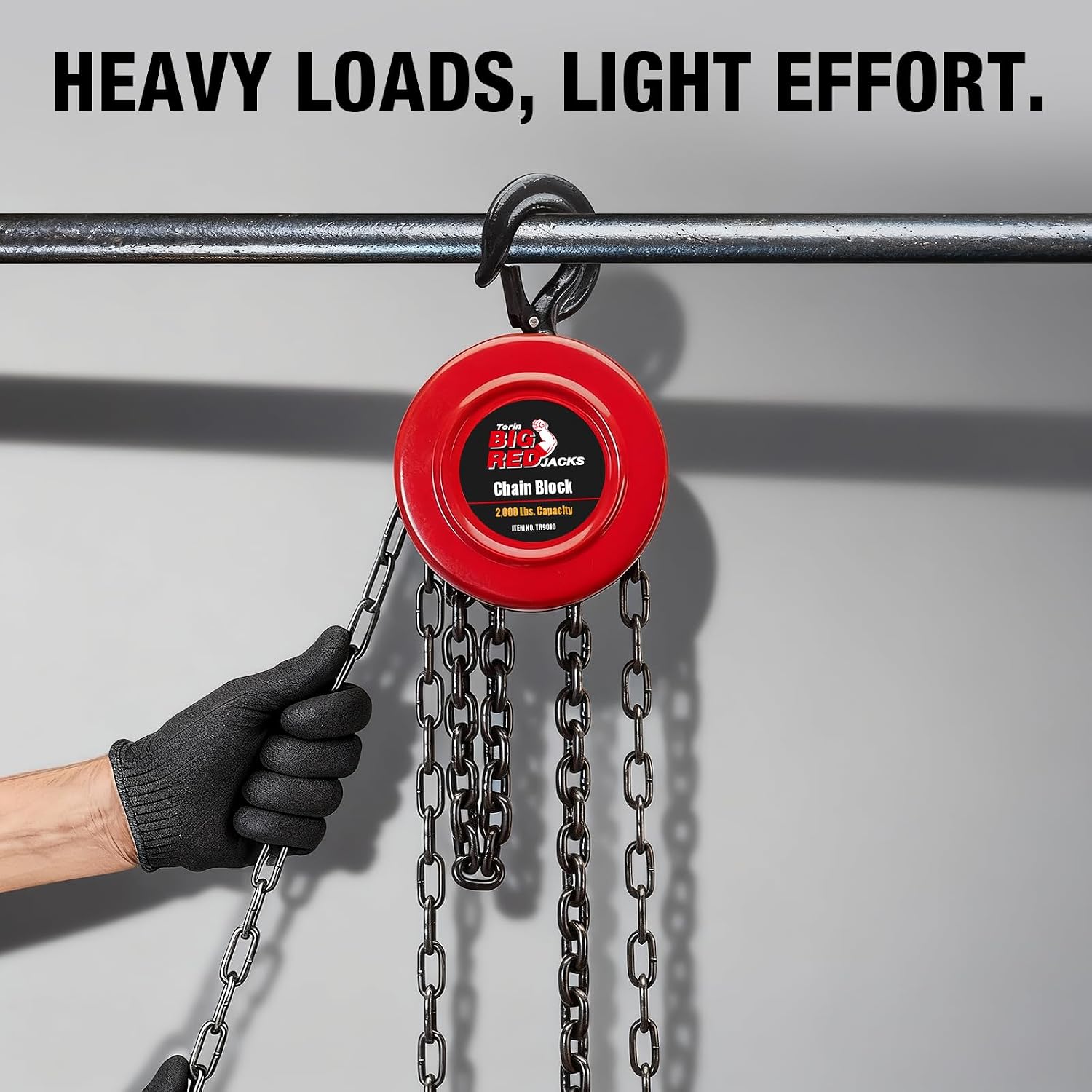Big RED 1 Ton Hand Chain Hoist, 2000 Lbs Capacity, 8 ft Lift, Manual Chain Block with Safety Hooks for Warehouse, Automotive, Industrial Use
