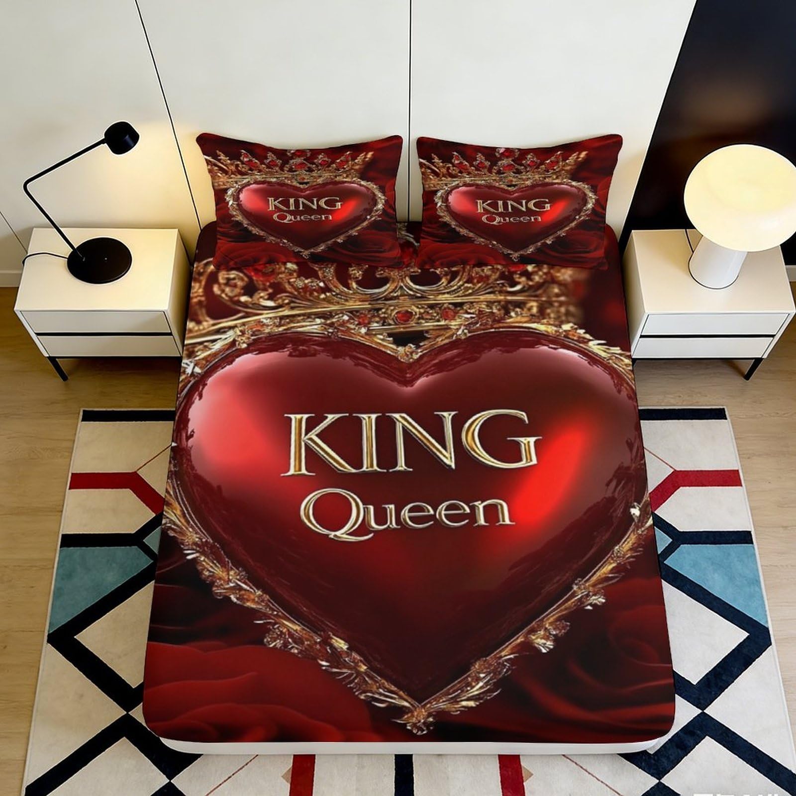 3D Printed Red Heart Crown Fitted Sheet Microfiber Deep Pocket Bedroom Bedding Red Heart Mattress Fitted Cover Non-Slip Machine Washable 180x200x25cm