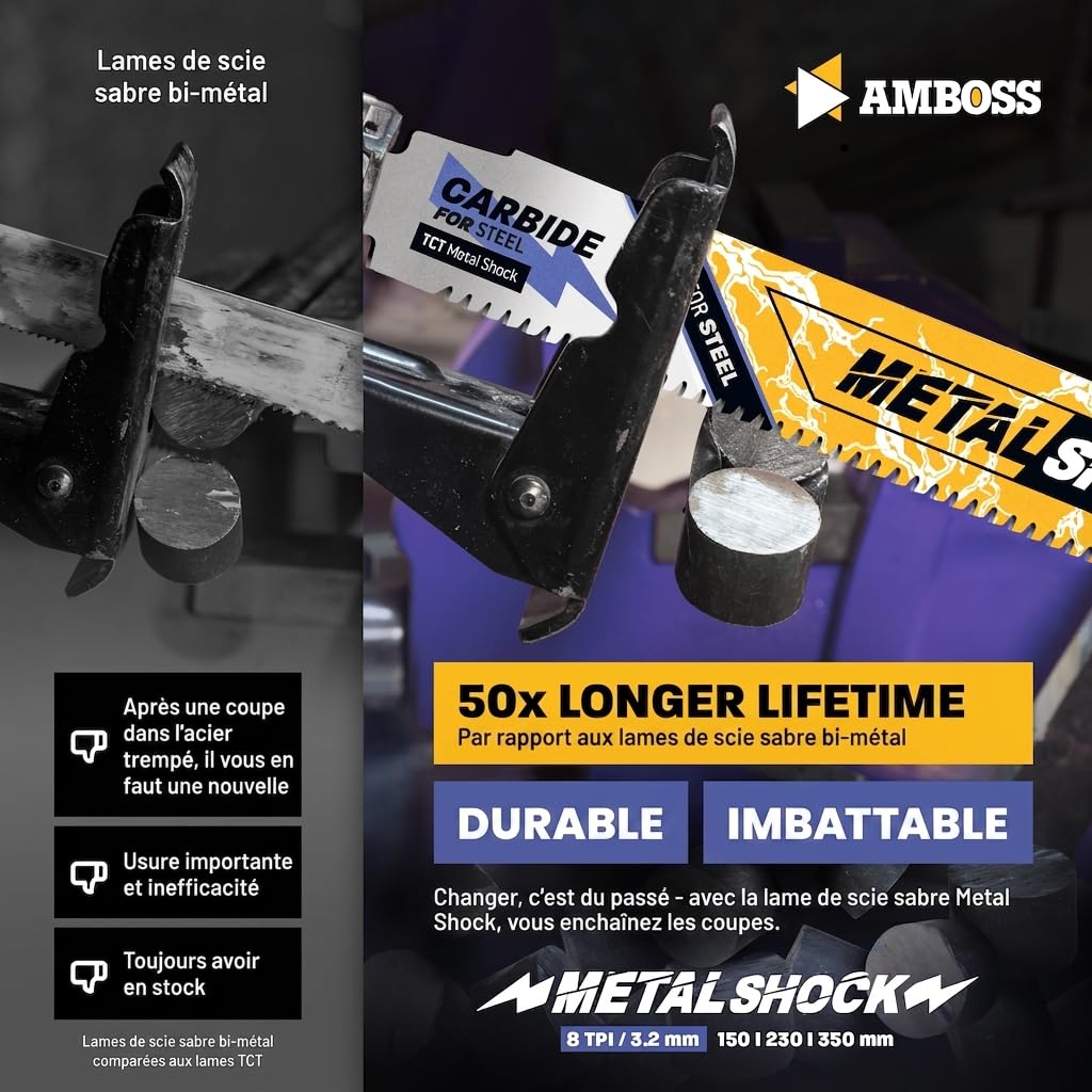 AMBOSS METAL SHOCK - 10x lame de scie sabre 150 mm / 8 dents - idéale pour la démolition/le sauvetage de véhicules/la construction/le démontage/la construction de tuyauteries - pour l'acier