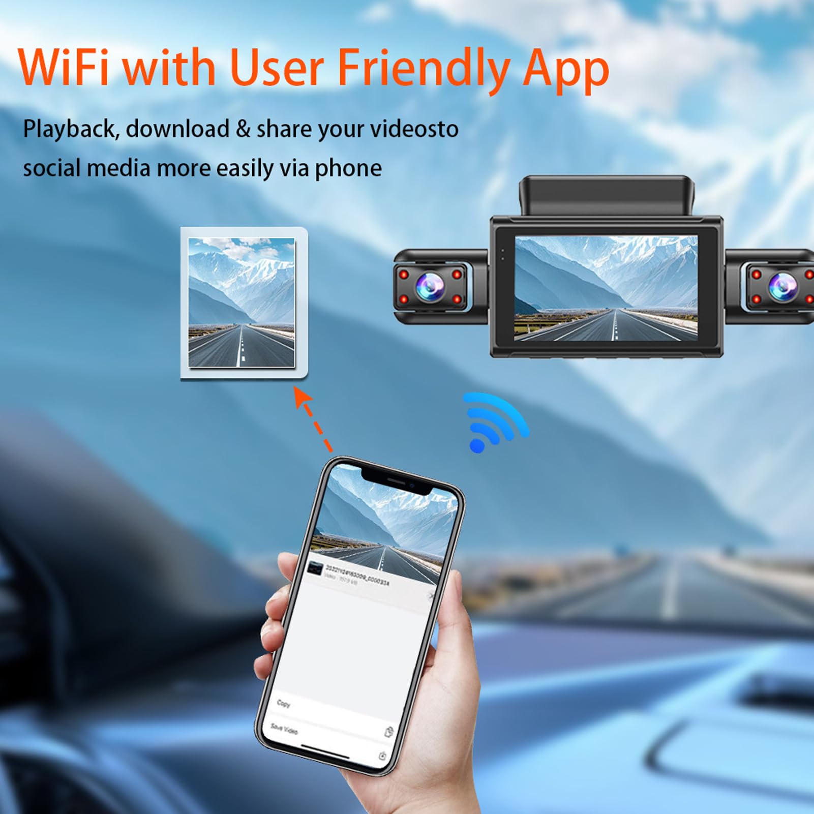 Annadue Fotocamera Anteriore e Posteriore e All'interno e All'interno della Dash Cam, 2K+1080p+2x480p WiFi CASHCAM DASHCAM CAMERA, SUPER Night Vision, Alimentazione più Leggera, con