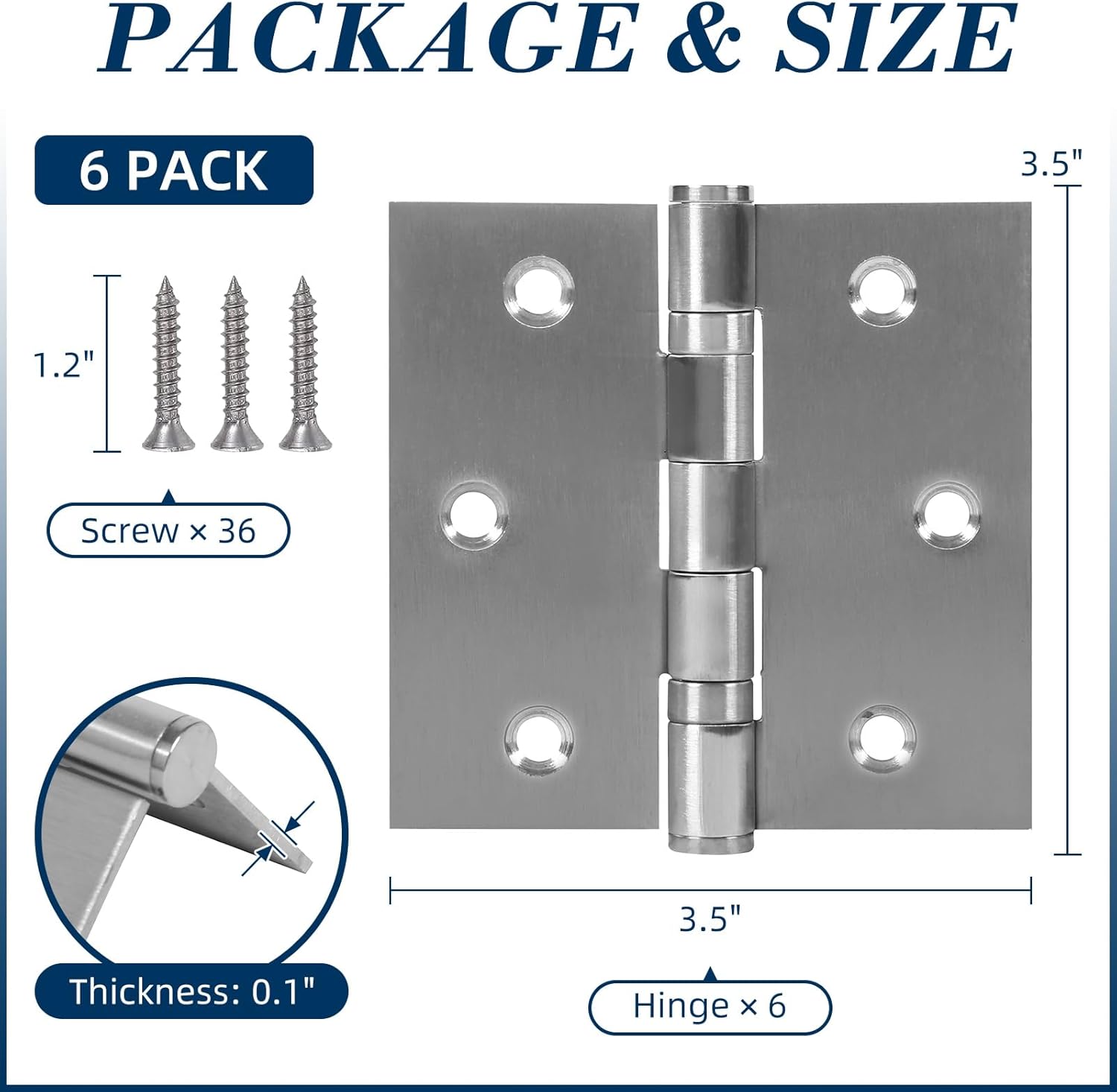 6 Pack 3.5 Inch x 3.5 Inch Door Hinges with Square Corners, Heavy Duty Ball Bearing Door Hinges with Non Removable Pin, Stainless Steel Hinges for Left and Right Hand Doors (Brushed Nickel)