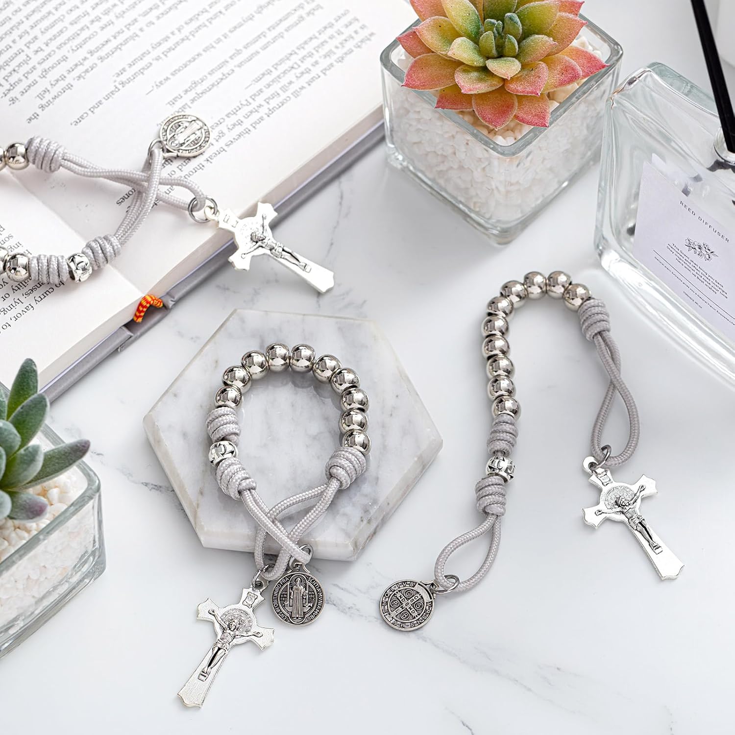 Tondiamo 12 Pcs One Decade Paracord Rosary Beads Gift with 12 Pcs Gift Bag Catholic Rosary Saint Benedict Medal for Men Women Party Favor