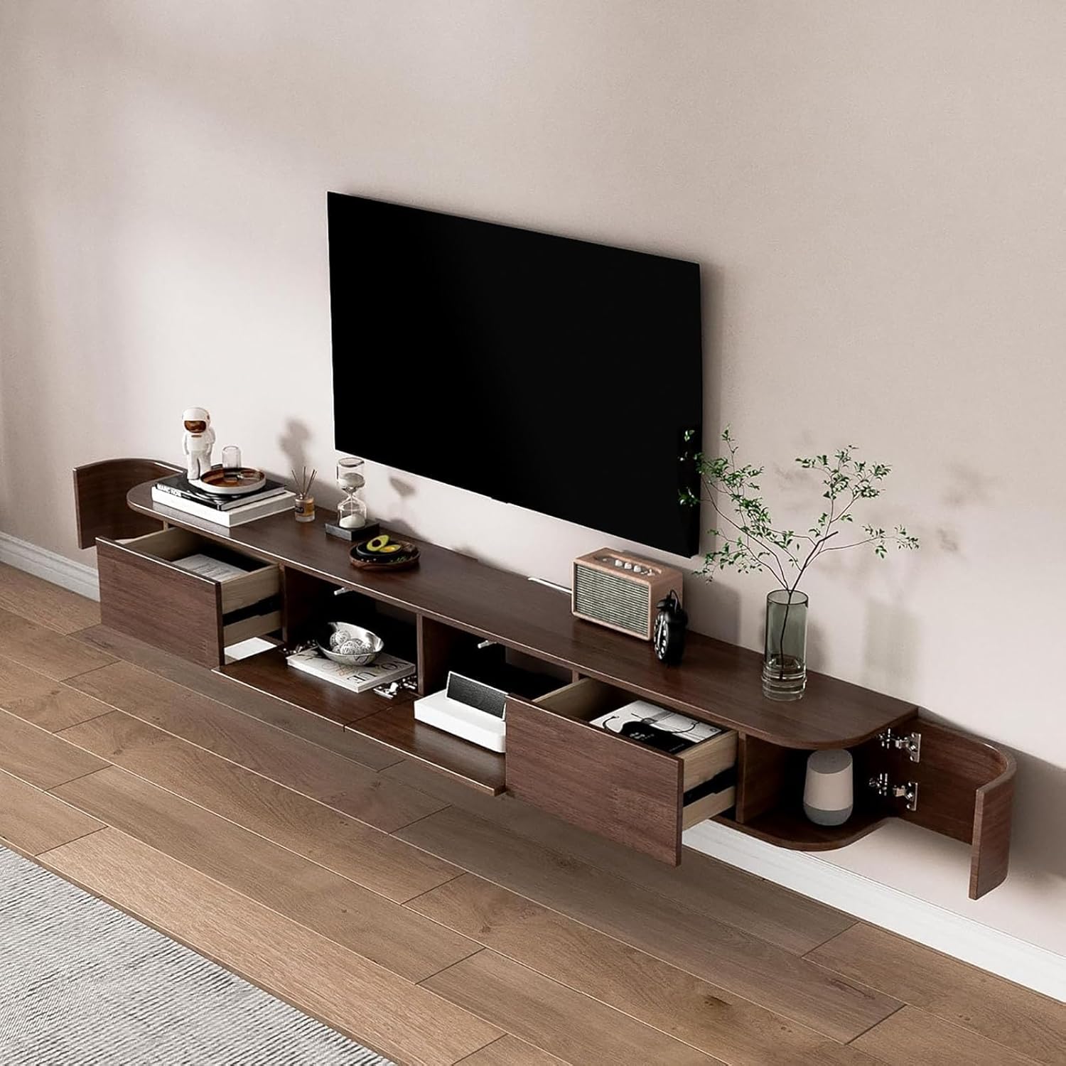 Floating TV Stand Wall Mounted Media Console, Modern Solid Wood Entertainment Center with Door, Floating Shelves, Space-Saving TV Unit for Living Room Bedroom (Walnut, 78.7 in)