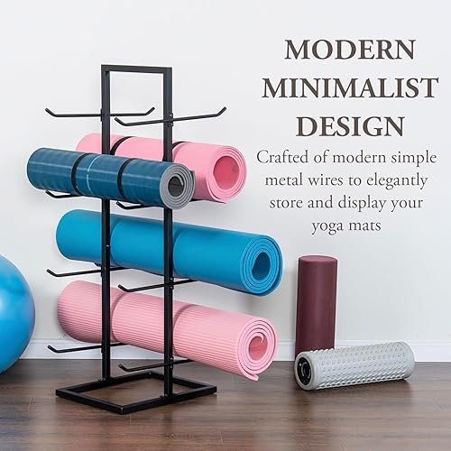 Miniatura 2 de MyGift Soporte para tapete de yoga de 4 niveles, almacenamiento de rodillos de espuma, soporte independiente de doble cara de metal negro mate para