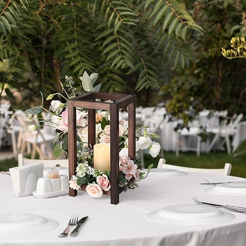 Miniatura 5 de Qunclay 12 faroles de madera para bodas, candelabros rústicos integrados para decoración de mesa, farol de granja para chimenea y boda (12.99