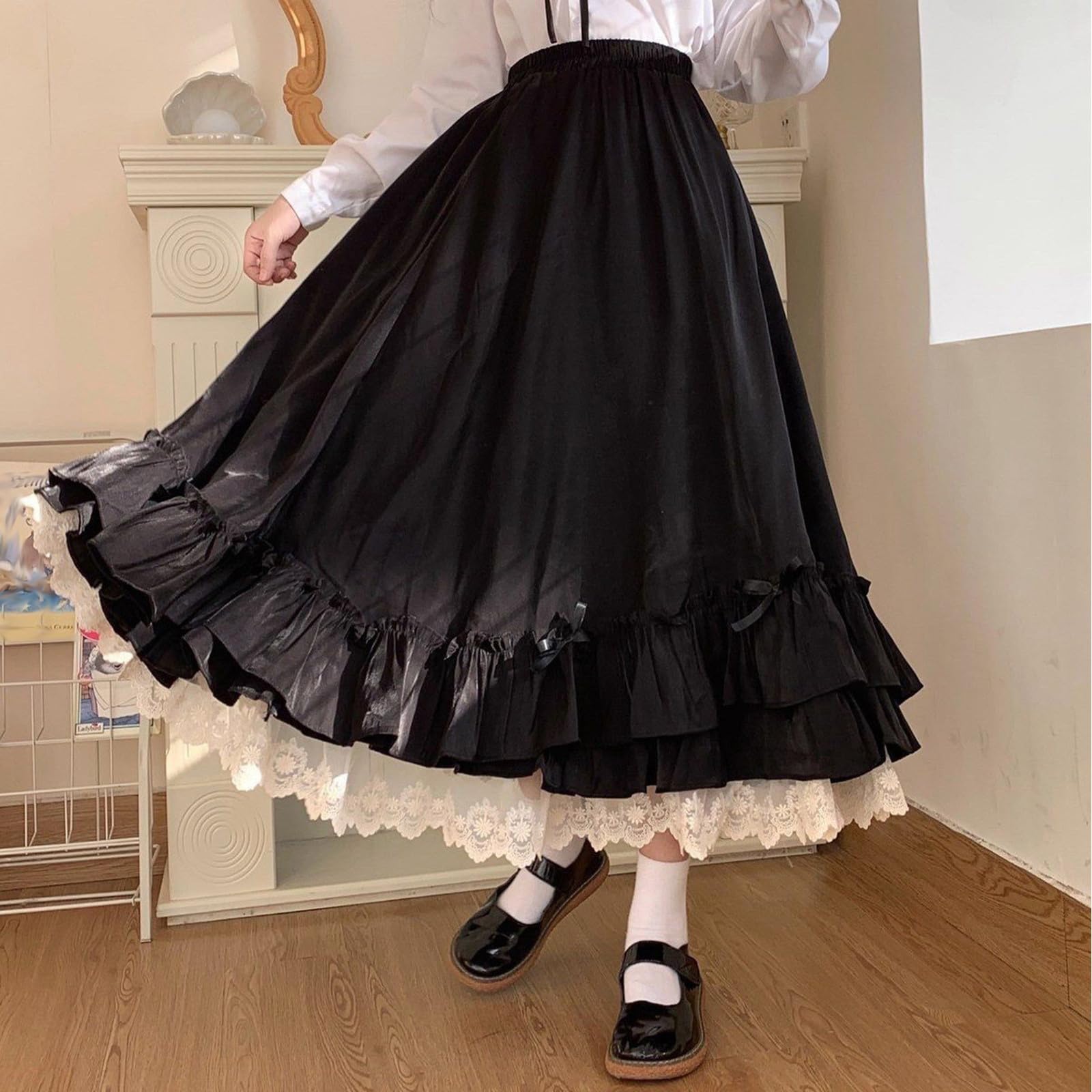 Strickrock Mini für Damen in Volltonfarbe, hohe Taille, japanischer Stil, Lolita-Stil, gerüschter Saum, süße Lange Röcke Karo Kurz