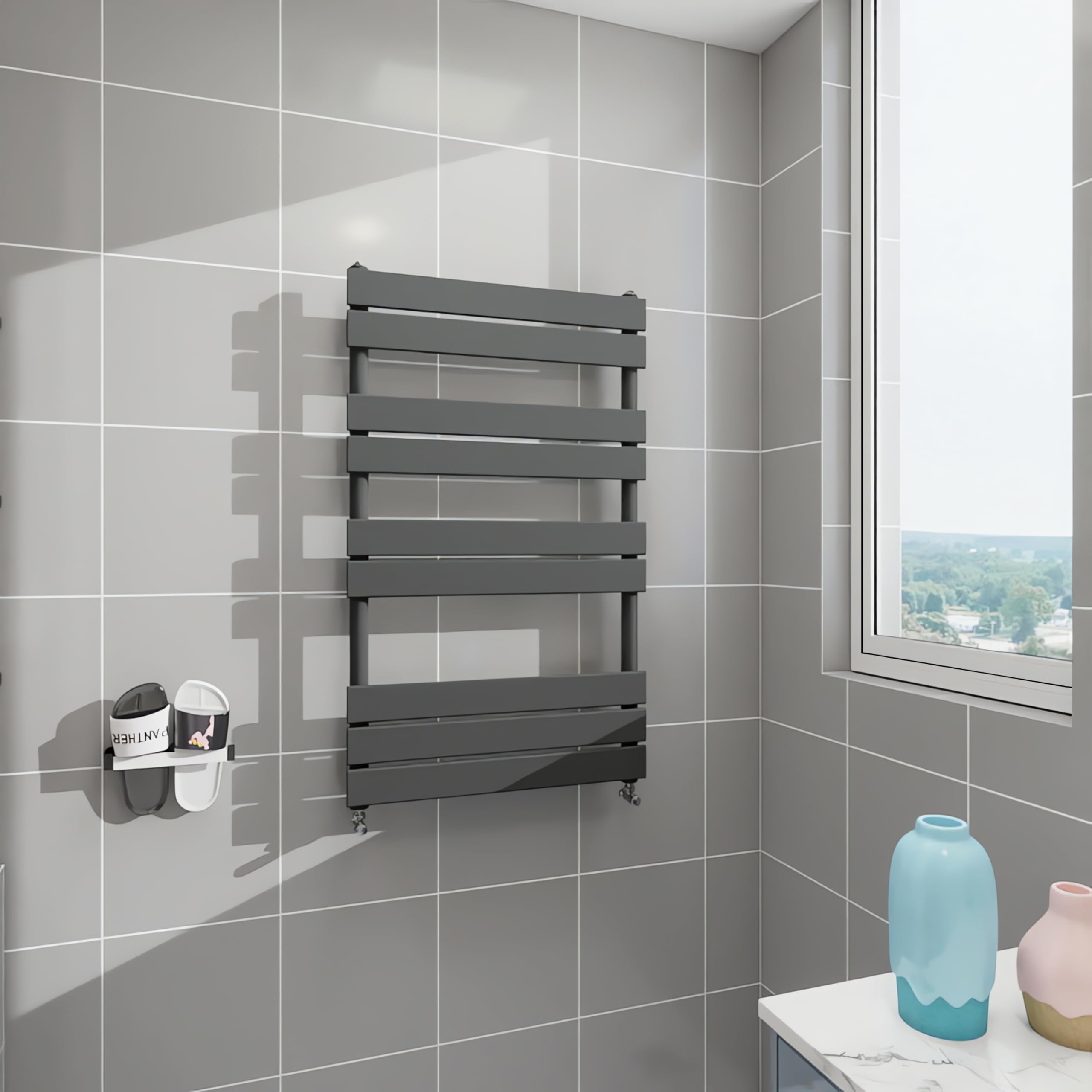 Morden Bathroom Flat Panel Heated Towel Rail Radiator,Wall Mounted Central Heating Ladder Rad 1000X600mm Anthracite