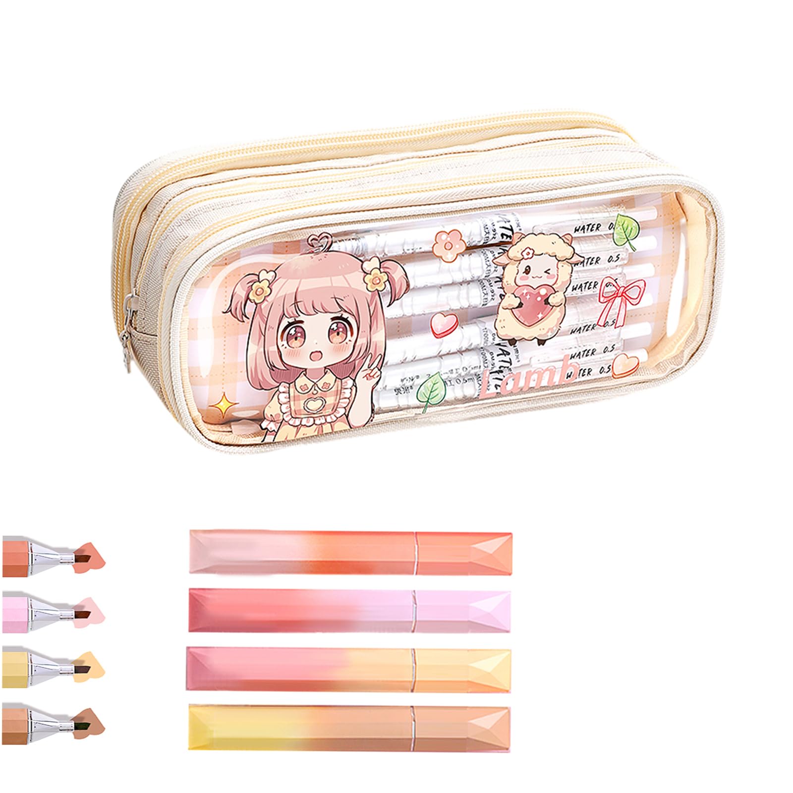 MILLEVIBE ITA Pencil Pouch Kawaii Large Capacity Pen Case : Cute Aesthetic Pencil Box Art Supplies for Women, 4 Included Highlighters (Beige)