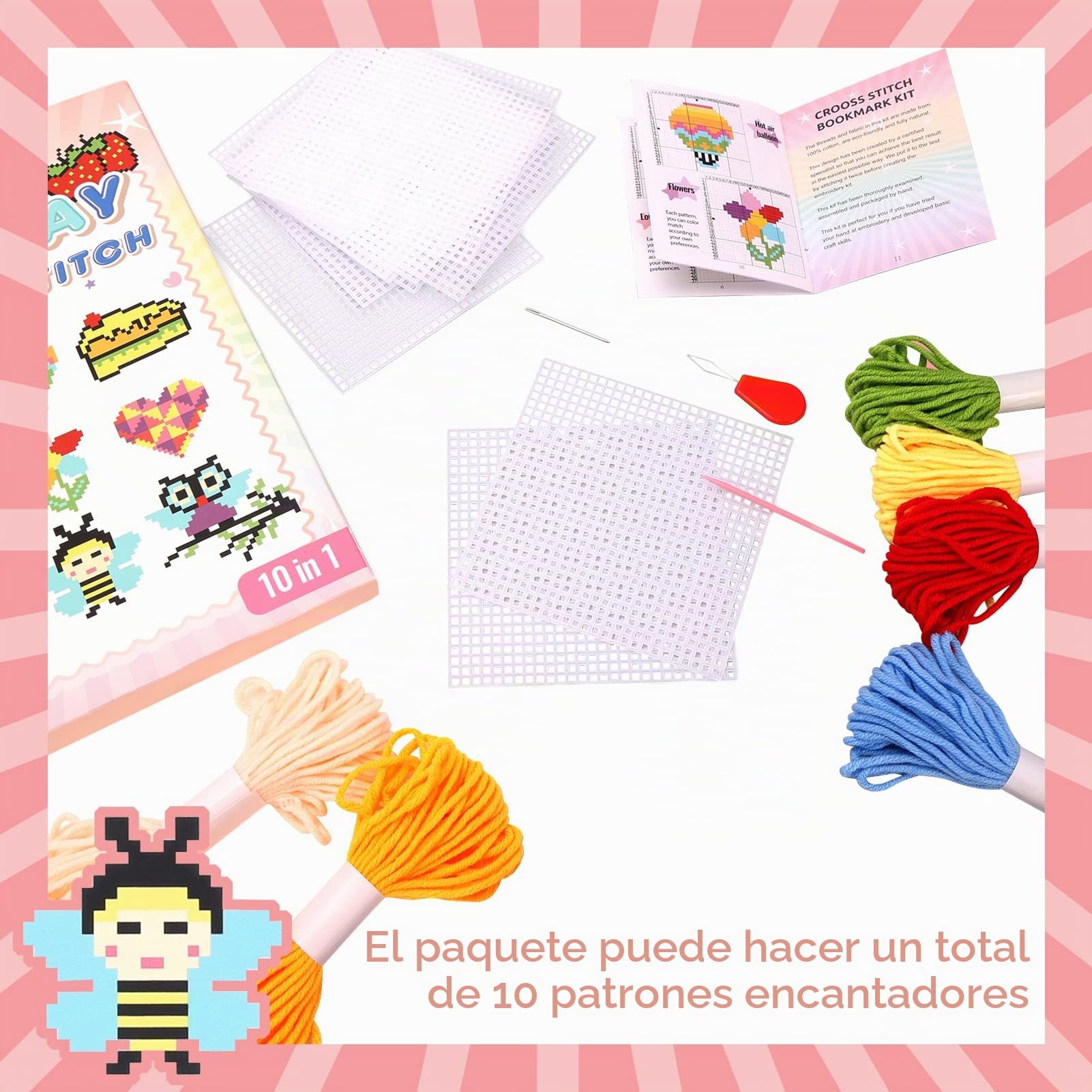 Pllieay paquete de 10, Kit de punto de cruz para niños, incluye instrucciones 10 patrones, 10 lienzos de plástico y 14 hilos de colores para costura