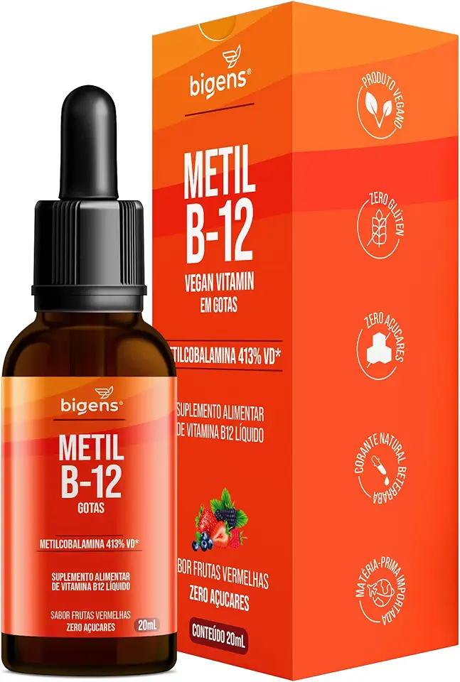 Metil B-12 Vegan vitamin gotas liquida, Metilcobalamina 413% VD, sabor frutas vermelhas, 20mL, Bigens