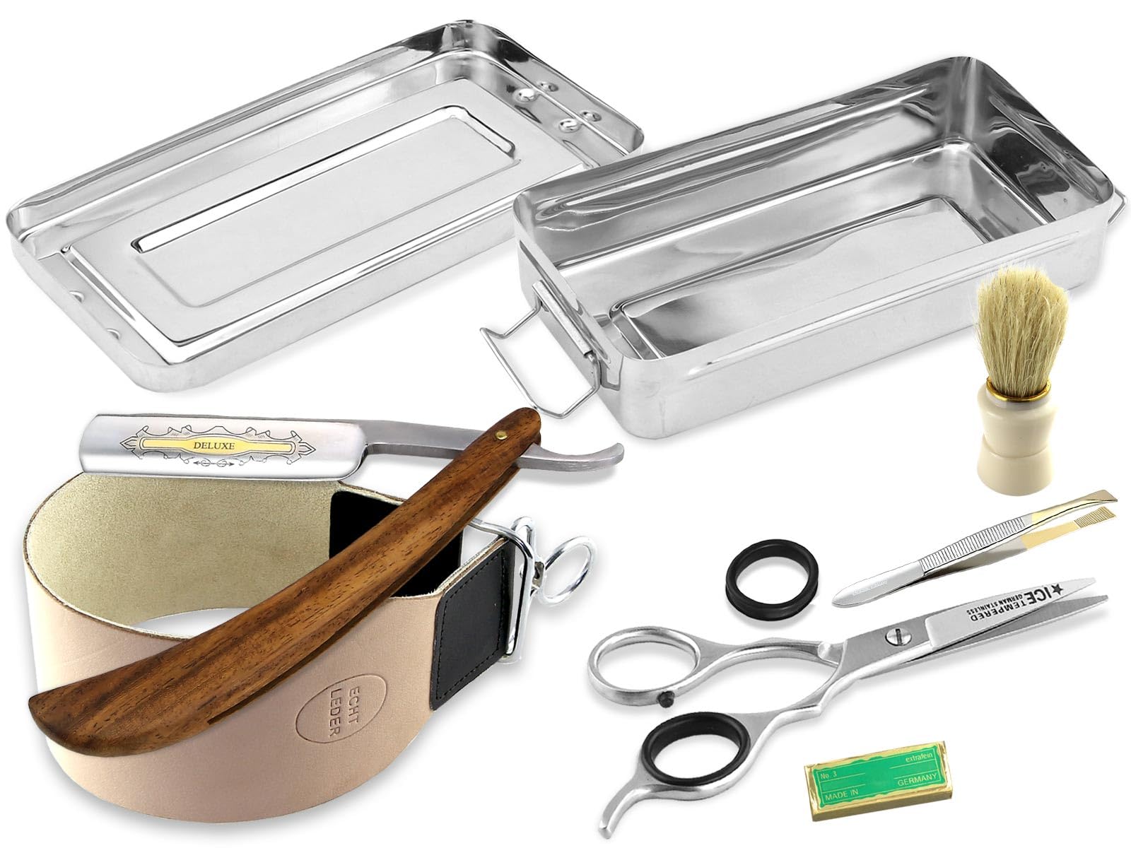 Rasiermesser Set mit Rasier Zubehör inkl. Solingen Paste by Made in Germany | 7-teiliges Nassrasur Bartpflege-Set mit extra breiten Abziehleder, Bartmesser, Pinsel, Bartschere, Zupfpinzette und Rasurbox