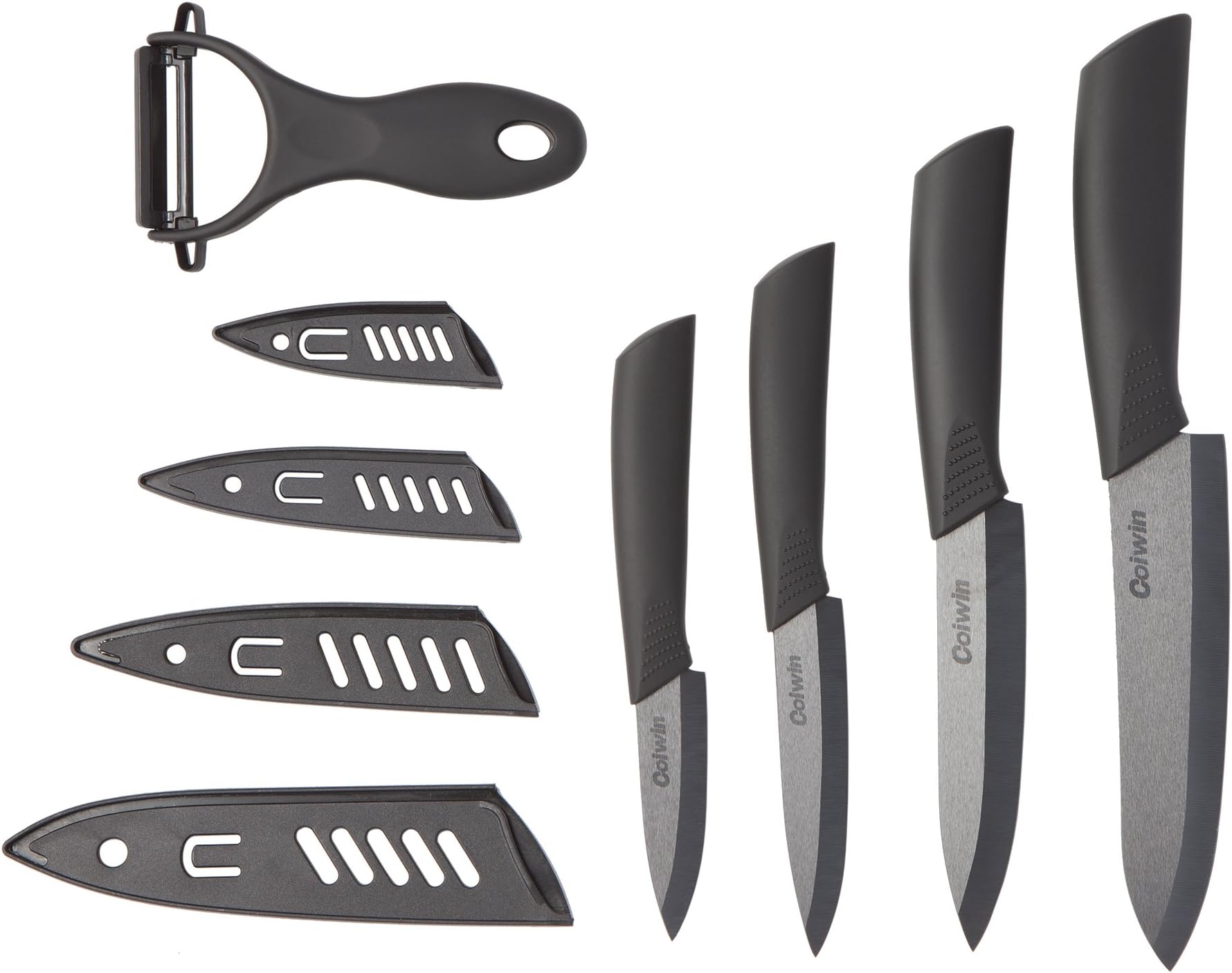 Knife Set Ceramic | Five Piece (Black) 6" Chef Knife, 5" Utility Knife, 4" Fruit Knife, 3" Paring Knife, One Peeler