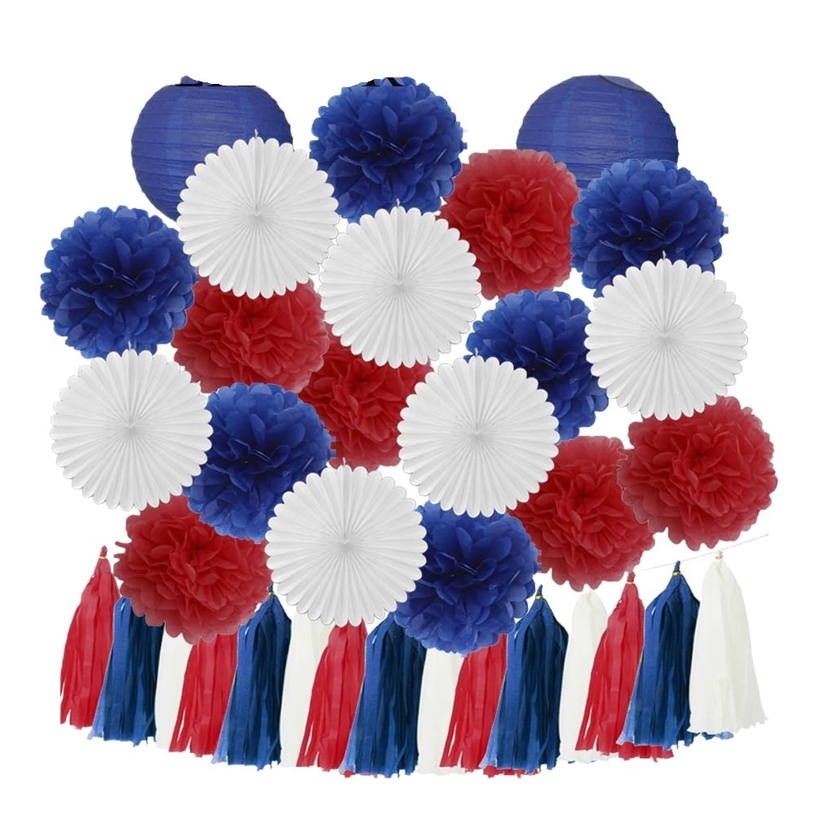 Paper Lanterns Boy Birthday Party Favor Hanging Paper Lantern Fan Wedding Decor Blue White Set Tissue Pompom Tassel(Red Blue)