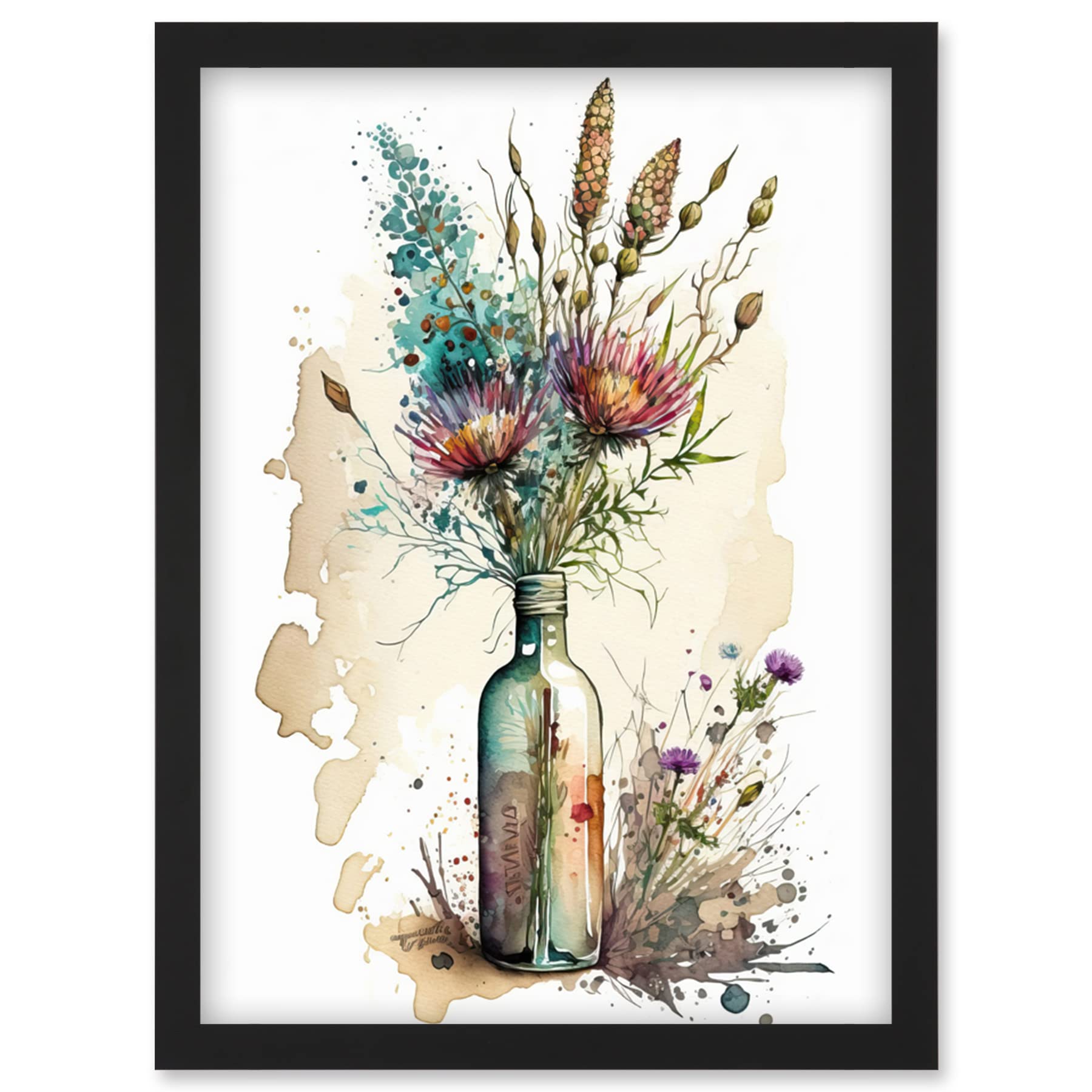 Artery8 Spring Flower Bouquet In Glass Wine Bottle Vase Artwork Framed Wall Art Print A4