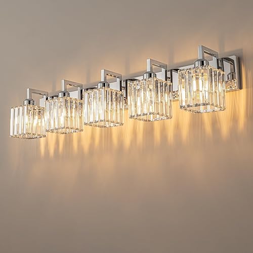 Moderna lámpara de cristal para paredtocador de baño, de 5 luces, color cromo