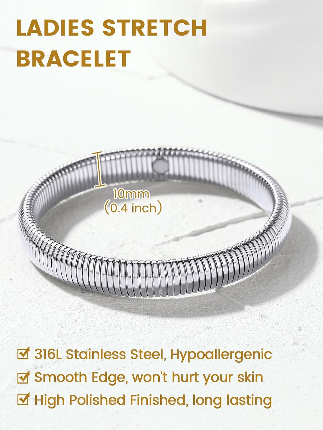 KeyStyle Bangle Bracelets for Women, Stainless Steel Stretch Bracelet Flexible Wide Link Chain Gold Wristband GoldChic Twisted Jewelry, 10mm, 16mm, 20mm