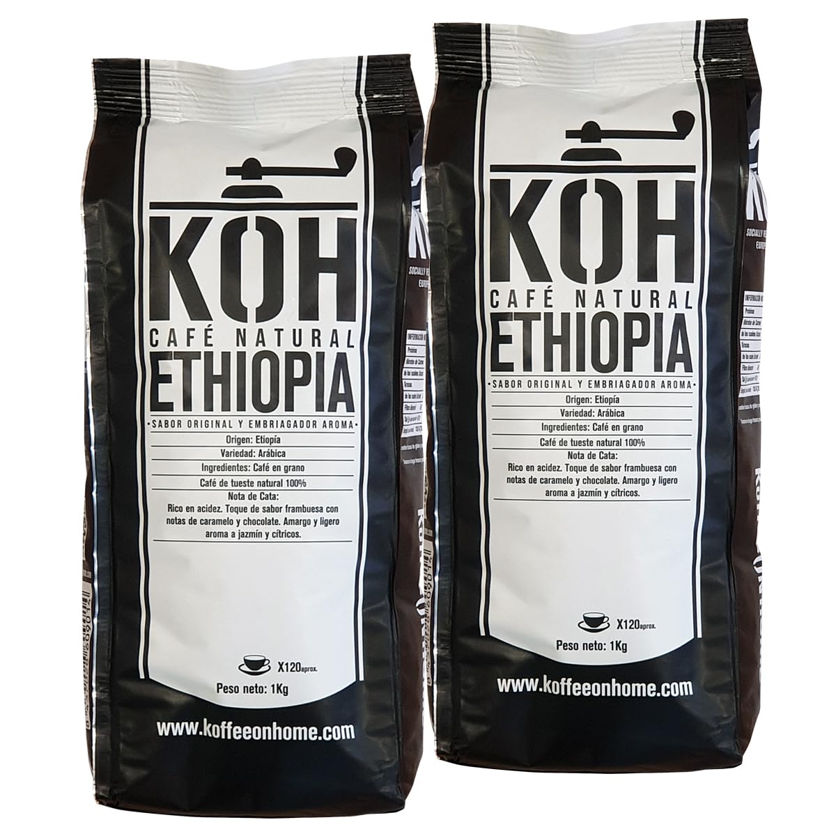 KoffeeONHOME Äthiopischer Arabica Kaffee in Bohnen 2x1kg – 100% Arabica, Natürlich geröstet, Ganze Bohnen – Spezialitätenkaffee aus Äthiopien – 2 kg