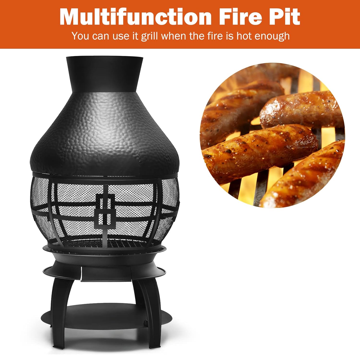 Outdoor Chiminea Fireplace, Vintage Metal Chimineas, Wood-Burning Rustic Finish Fire Pit with 360° Wire Mesh, Fire Poker, Chimney Cap & Wood Storage, Large Firepit for Lawn, Garden, Patio & Backyard : Patio, Lawn & Garden