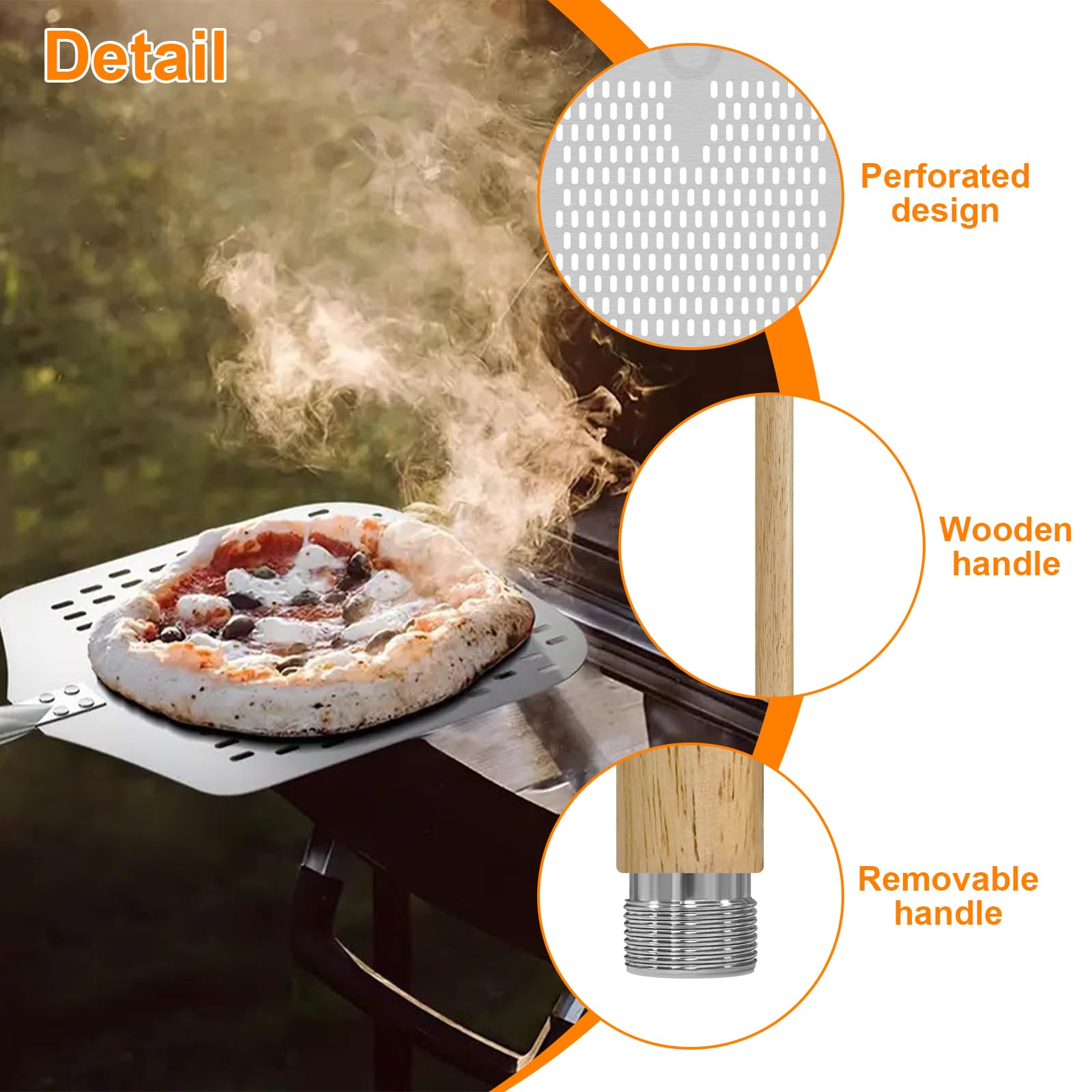 Perforada Pala Pizza 12 Pulgadas Aluminio Antiadherente Pala Para Pizza con Mango de Madera Desmontable Ideal Para Hornear Pizza y Pan