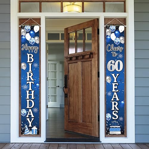 Decoraciones de feliz cumpleaños 60, globo azul y plateado para colgar en la puerta, cartel colgante de cumpleaños de 60 años, suministros para