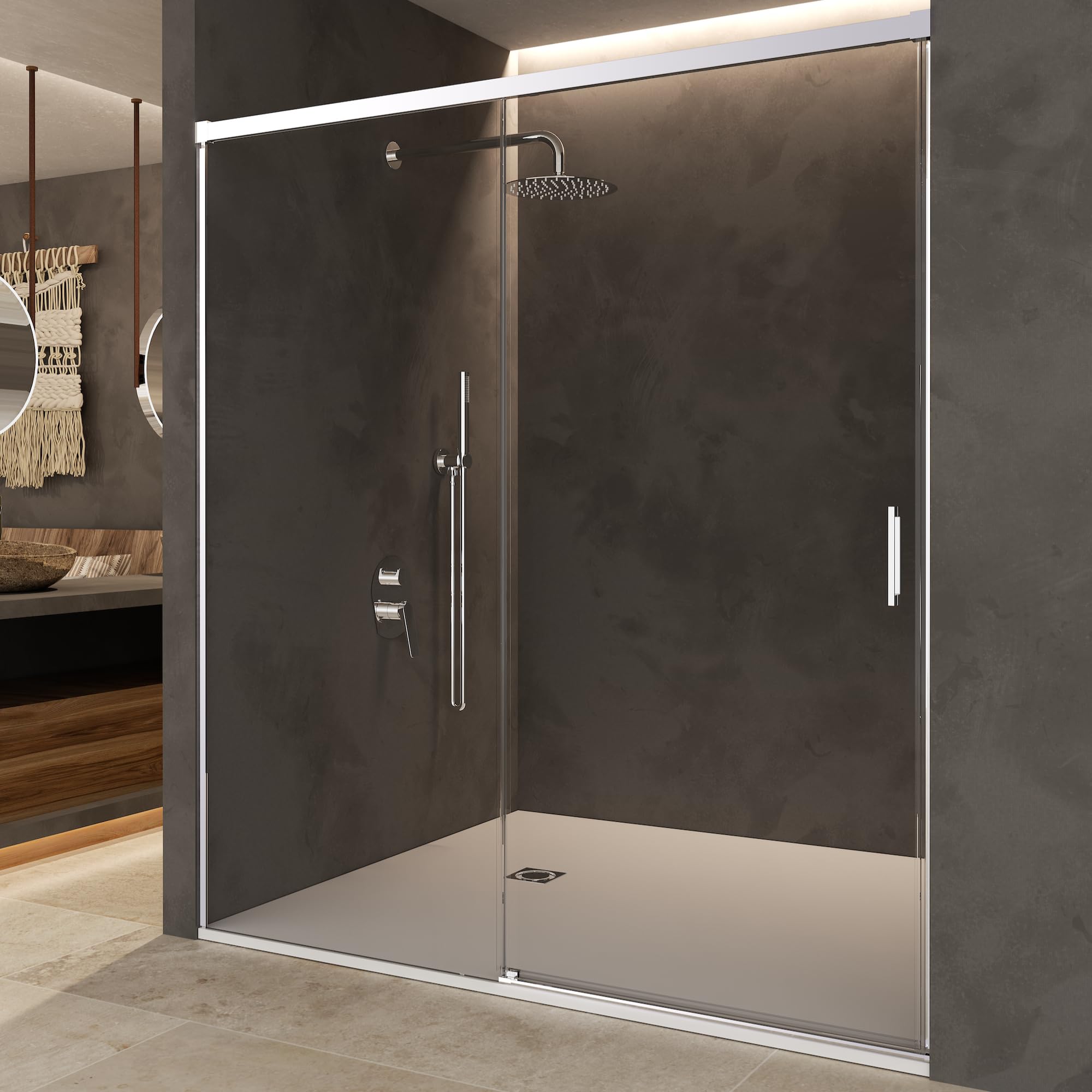 IMEX - Mampara Ducha Frontal 1 Fija + 1 Corredera 160cm Cromada | Mampara de Cristal Reversible con Ancho Adaptable 156 a 161 cm | Perfilería de Aluminio con 195cm de Altura y Cristal Templado Antical