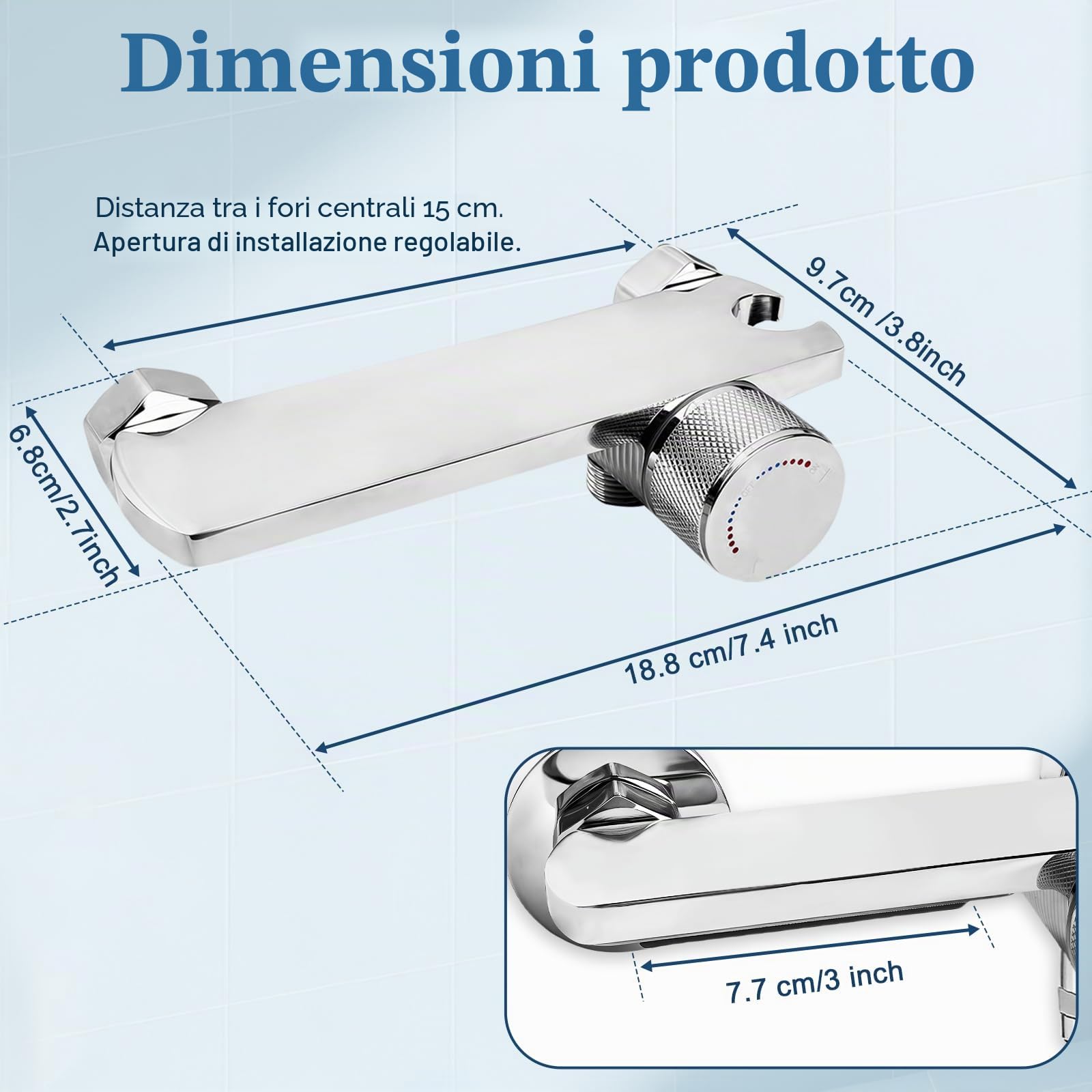 Rubinetto Vasca da Bagno a Parete, Miscelatore Cascata con Doccetta, Tubo 1,5m Antigroviglio, Ottone Massello, Cromato Argento