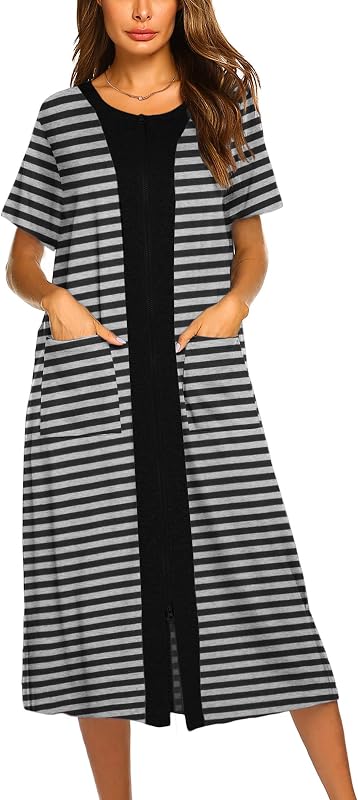 Ekouaer Roupão feminino de manga curta com zíper, gola redonda e bolsos, modelo ZJ010