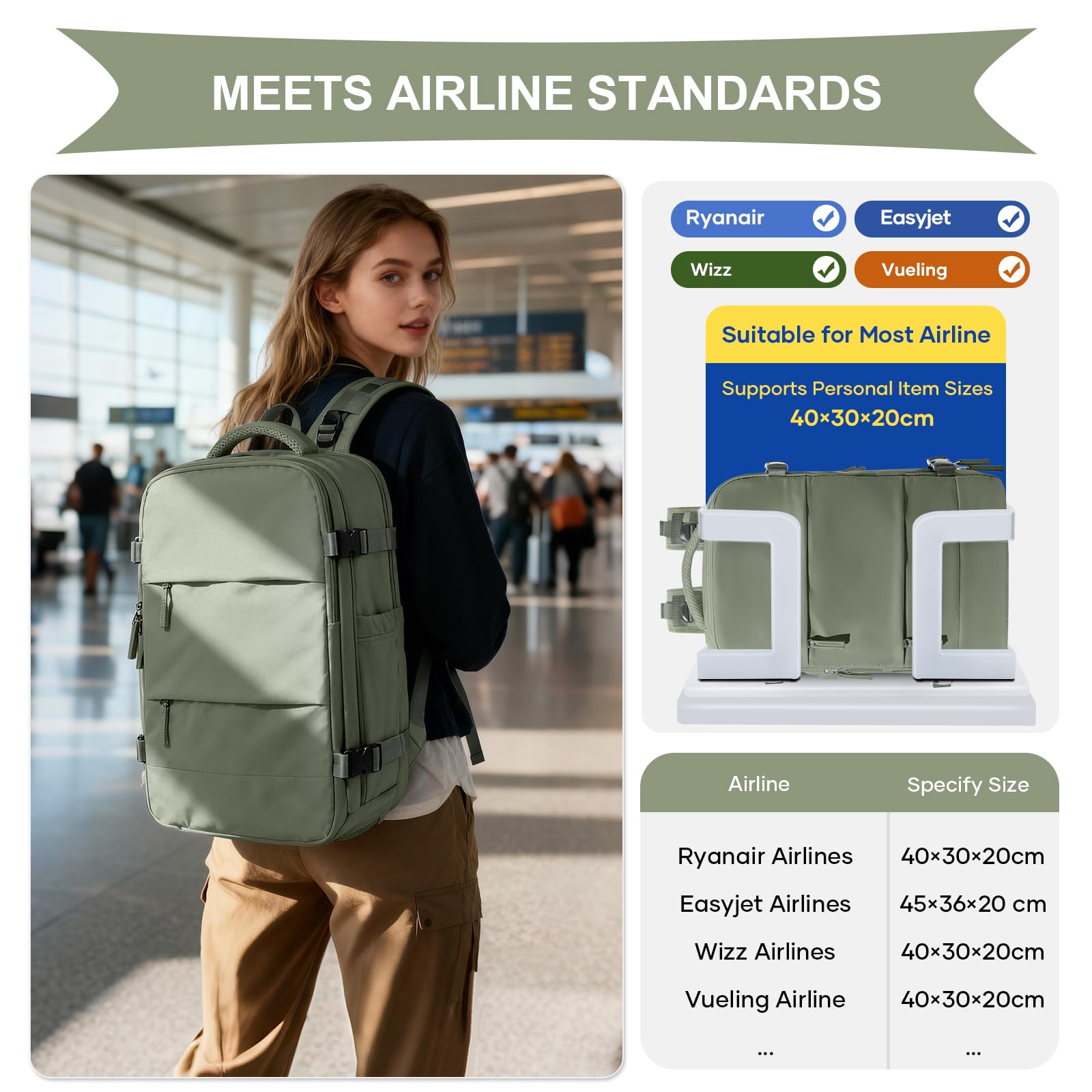 Plecak próżniowy, plecak z poduszką powietrzną, bagaż podręczny dla kobiet i mężczyzn, Easyjet bagaż podręczny 45 x 36 x 20, próżniowy plecak podróżny z systemem próżniowym, D1-szary zielony
